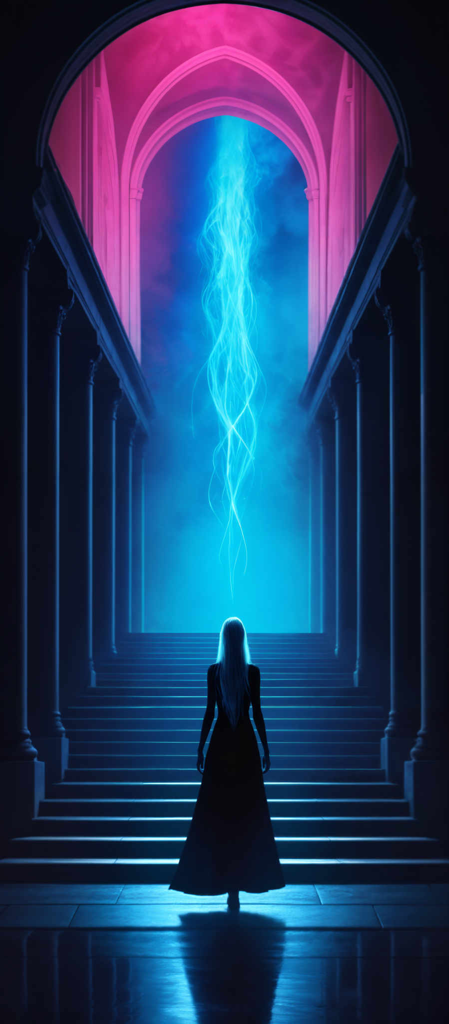 A woman in a black dress stands at the top of a set of stairs looking up at a bright blue light.