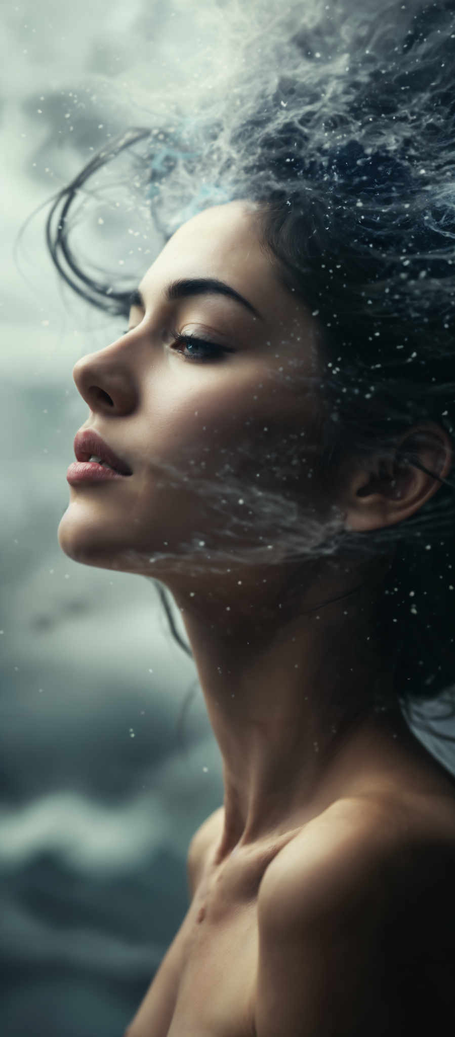 A woman with long hair is shown in profile. Her hair is dark and wavy and she is looking to the right. Her face is partially obscured by water droplets that are falling on her. The background is a cloudy sky.