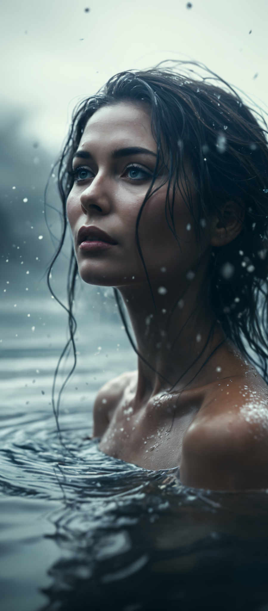 A woman with long black hair and blue eyes is shown in a close-up shot. She is looking up and to the left her mouth slightly open. Her hair is wet and water droplets are visible on her face and neck. The background is a blurred image of water adding a sense of depth to the photo. The woman's gaze and the water droplet on her nose suggest a sense curiosity and wonder. The image captures a moment of quiet introspection amidst the vastness of the water.