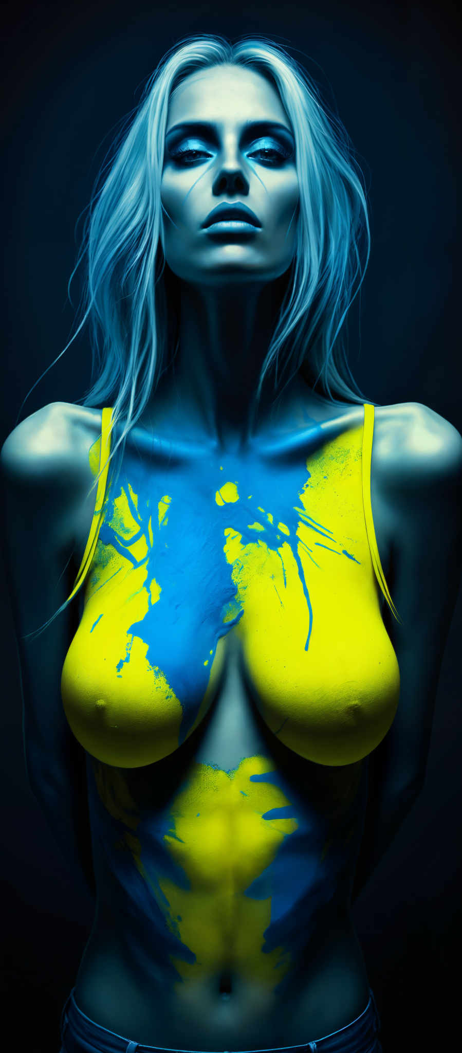 A woman with blue hair and yellow paint on her chest.