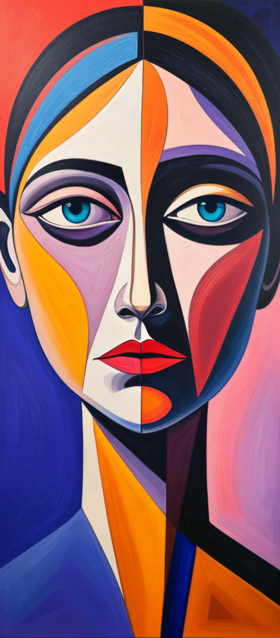 A colorful portrait of a woman's face is shown. The woman's eyes are blue and her hair is black. The background is a mix of blue pink and orange colors. The portrait is composed of geometric shapes. The colors used are blue and orange. The image is a digital art piece.