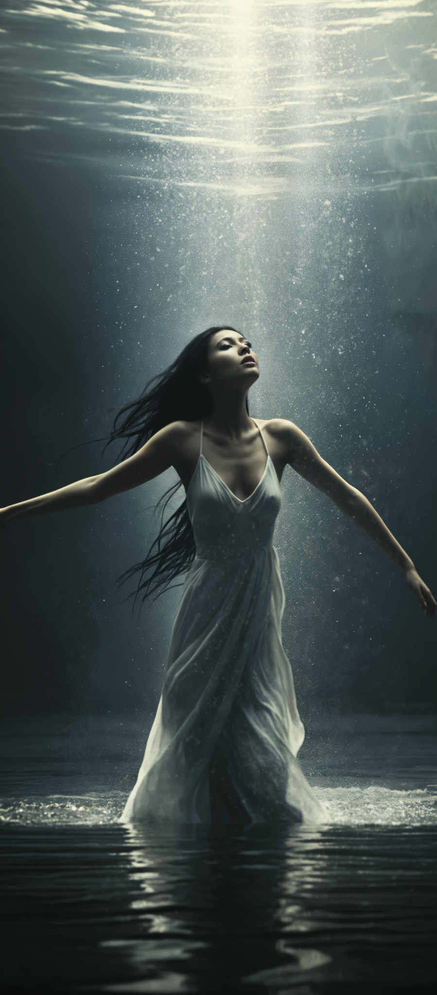 A woman with long black hair is wearing a white dress and standing in a body of water.