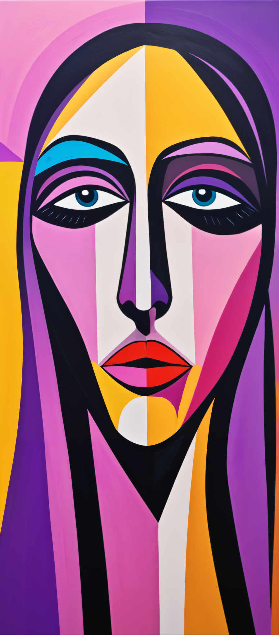 A colorful portrait of a woman's face with a yellow nose and red lips.