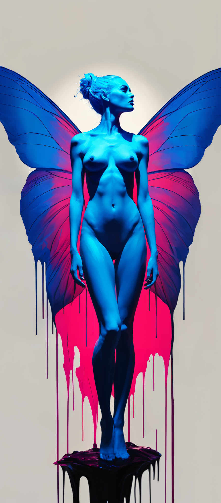 A blue woman with butterfly wings stands in a red puddle.