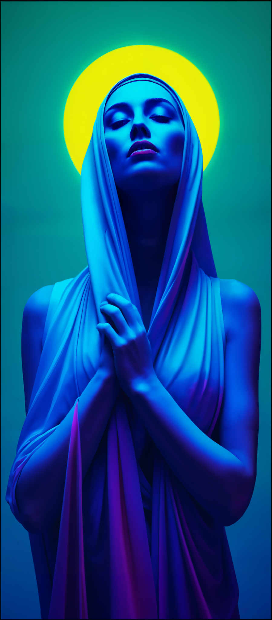 A blue woman with her hands folded in front of her.