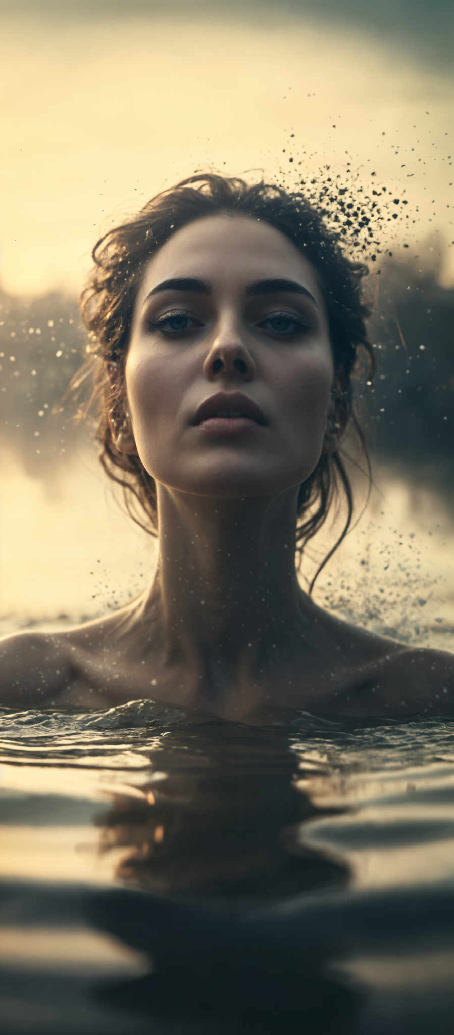 A woman with long brown hair and blue eyes is shown in a close up shot. She is looking up and to the left. Her hair is wet and her eyes are wide open. The background is a blurred image of water.