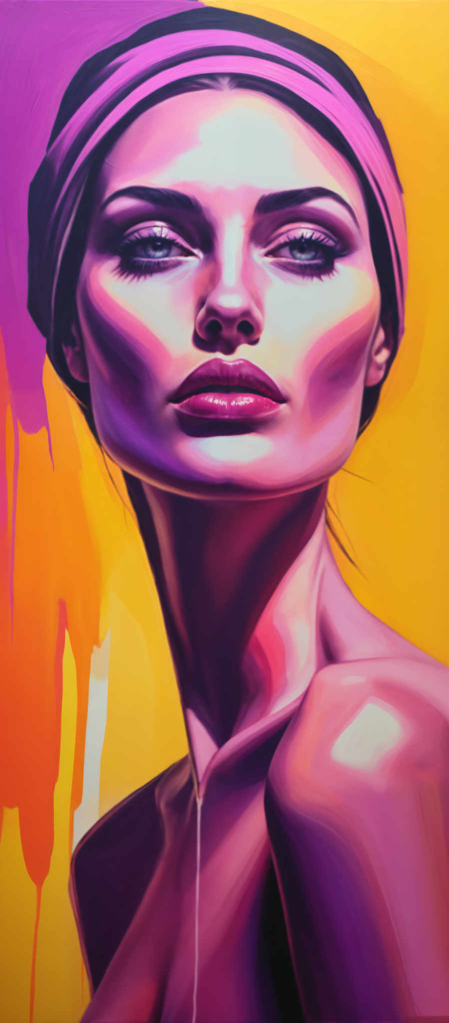 A woman's face is shown in a close-up view. Her hair is pulled back revealing her face in its entirety. The background is a vibrant mix of yellow and orange hues creating a warm and inviting atmosphere. The woman's features are accentuated by the bright colors making her the focal point of the artwork. The painting is done in a realistic style capturing the woman's likeness with precision and detail. The colors used are bold and vibrant adding to the overall impact of the piece. The artwork is a beautiful representation of the woman capturing her in a moment of quiet introspection.