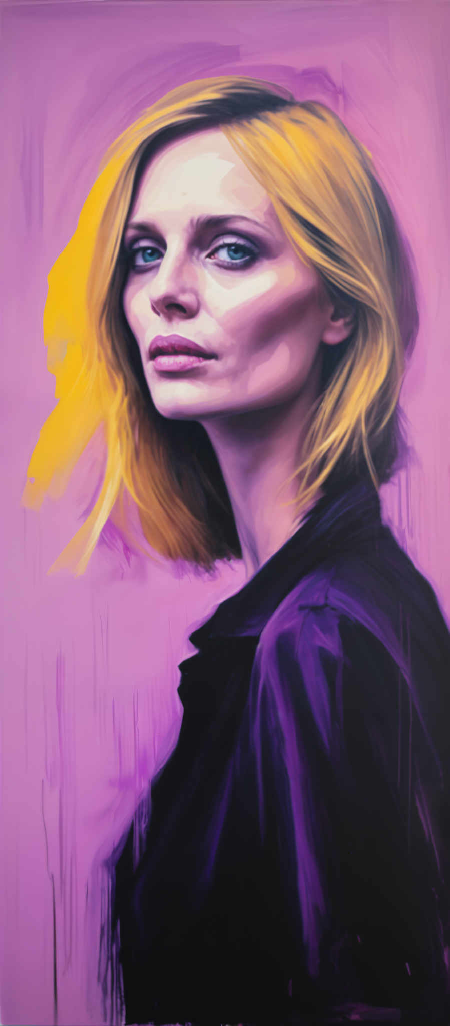 A woman with blonde hair is shown in a portrait. She is wearing a black jacket and looking off to the side. The background is a blend of purple and yellow colors.