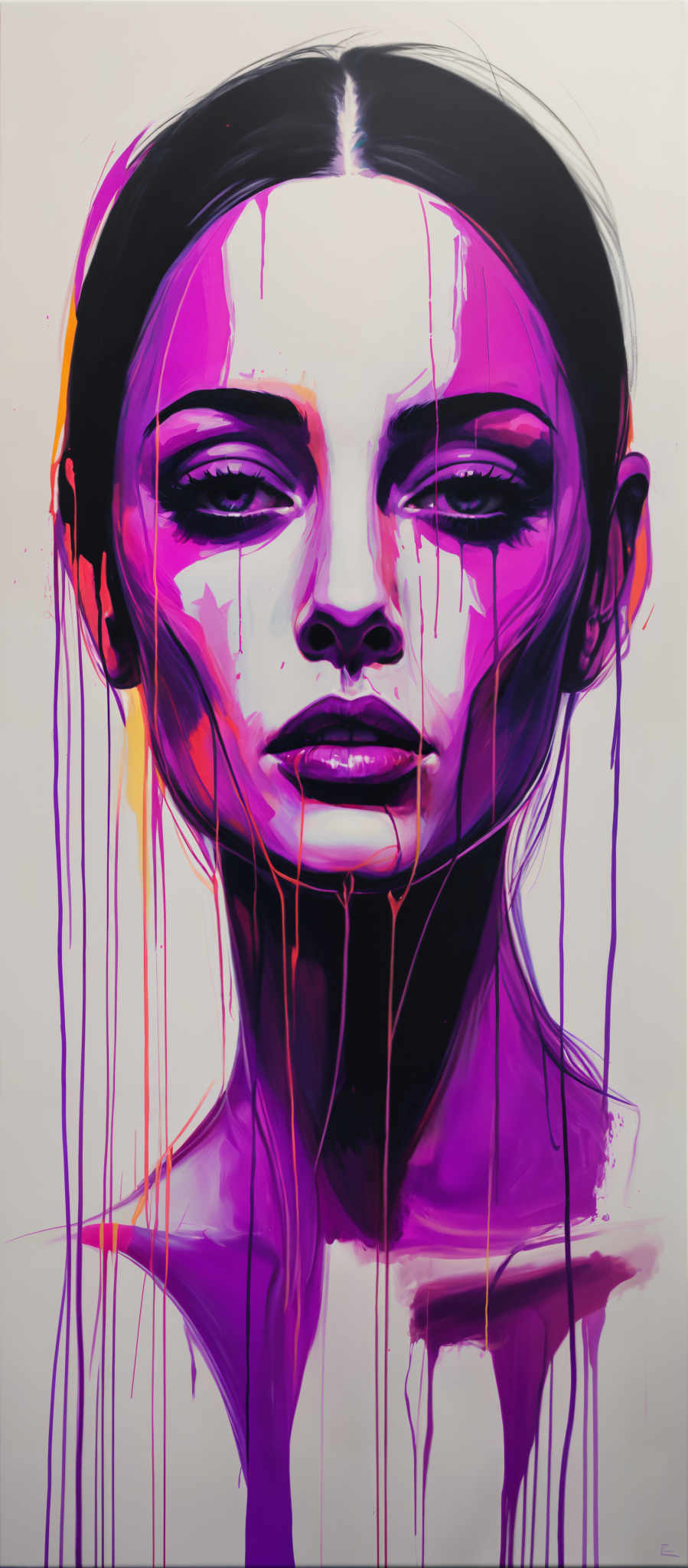 A woman's face is painted with a mix of purple pink and yellow colors. Her eyes are closed and her mouth is slightly open. The paint is dripping down her face creating a dramatic effect.