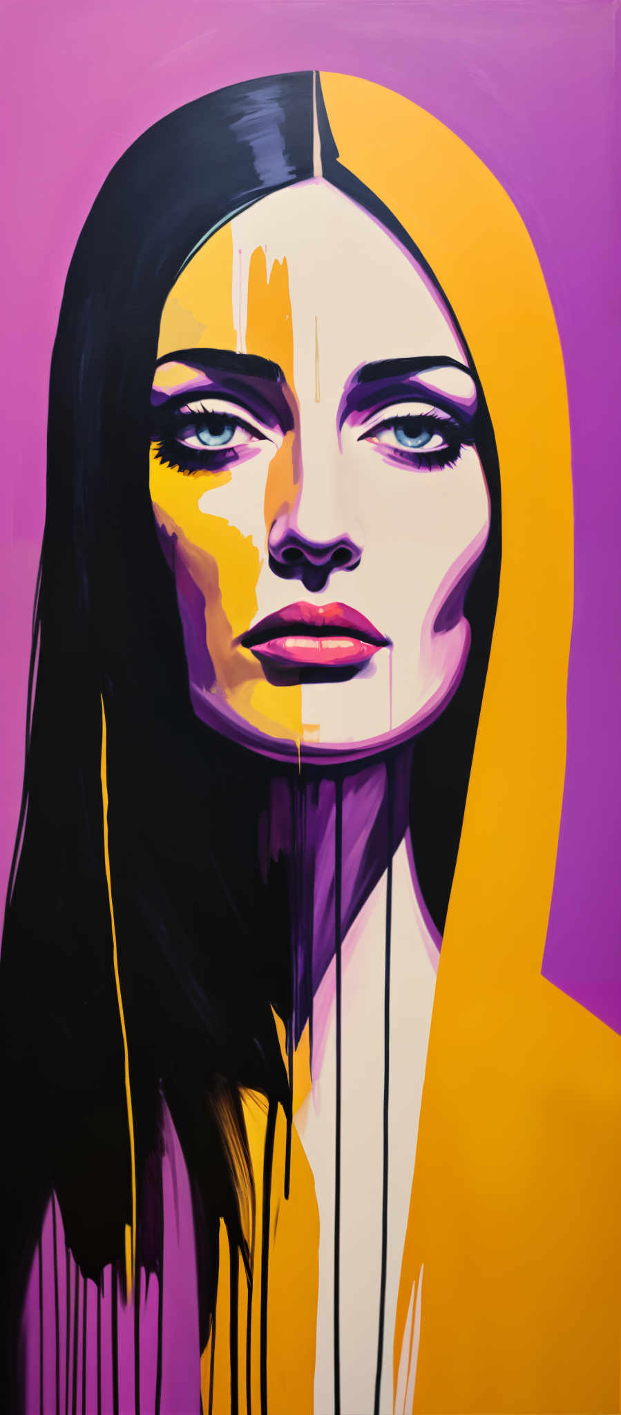 A woman with long black hair and blue eyes is shown in a portrait. She is wearing a yellow headscarf. The background is purple.