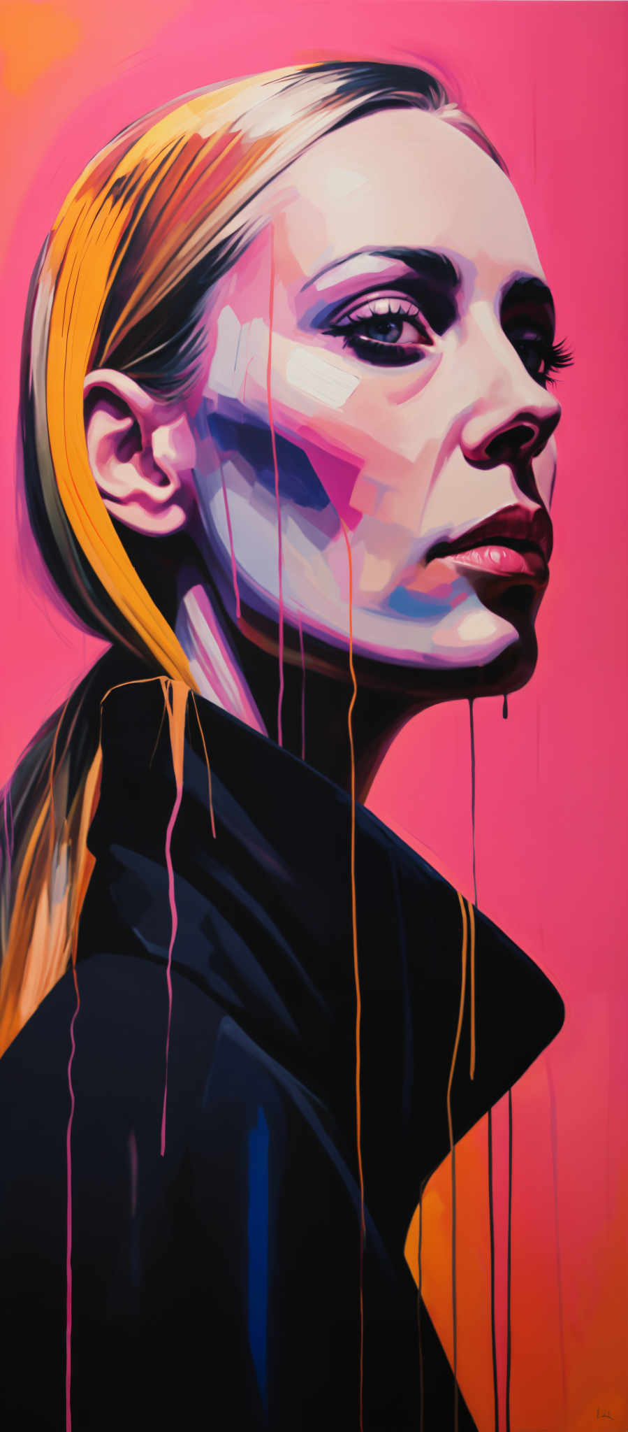 A woman with long blonde hair is shown in a close-up portrait. She is wearing a black jacket and her hair is styled in a messy bun. Her face is adorned with blue and pink paint adding a vibrant touch to the image.

The woman's hair is not just a simple bun but it's styled in an unconventional way giving the image a unique and artistic feel. The black jacket she's wearing contrasts with the bright colors on her face making her the focal point of the portrait.

The background of the painting is a solid pink color which complements the blue and purple paint on the woman's face. The use of bright colors in the painting adds a sense of energy and vibrancy to the overall image.

Overall the image is a beautiful representation of an artistic portrait with the woman as the central figure. The combination of colors the unique hairstyle and the overall composition of the picture make it a captivating piece of art.