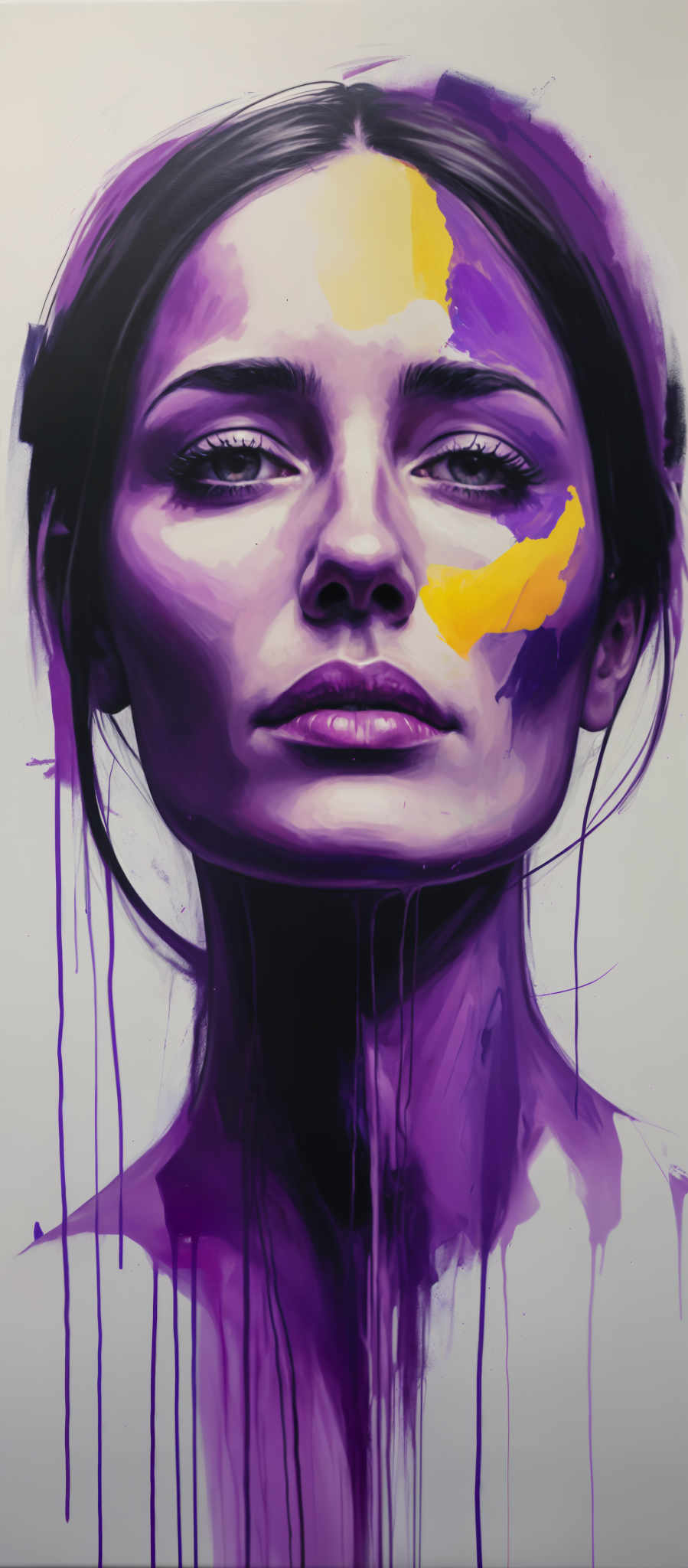 A woman's face is painted with purple and yellow colors.