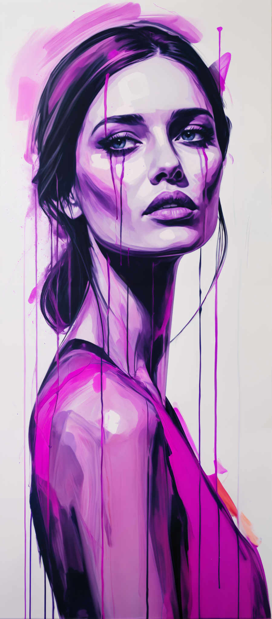 A woman's face is shown in a close-up view. Her hair is dark and her lipstick is a bright pink. The background is a white canvas with splashes of pink and purple paint. The woman's gaze is directed to the right.