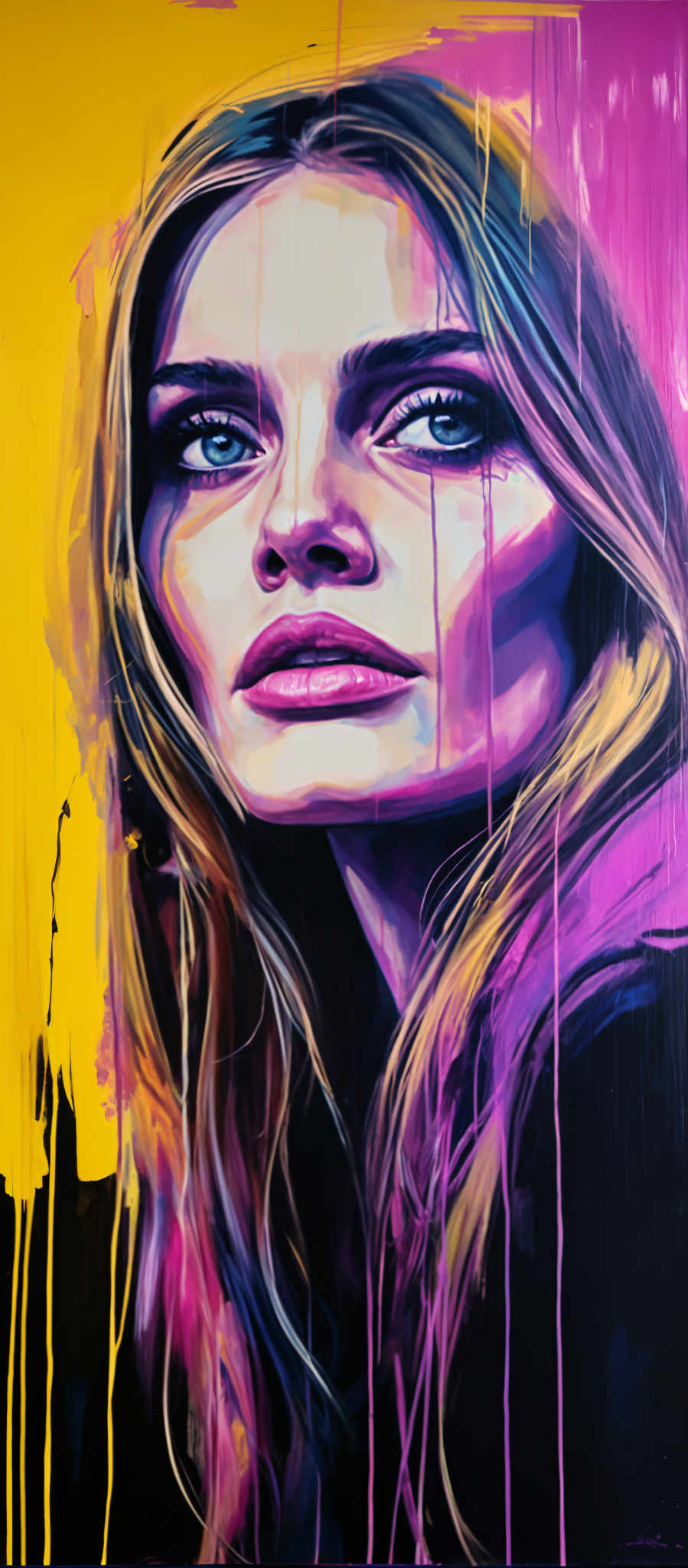 A woman with long blonde hair is shown in a portrait. She has striking blue eyes and a pink lipstick. The background is a vibrant mix of yellow and purple.