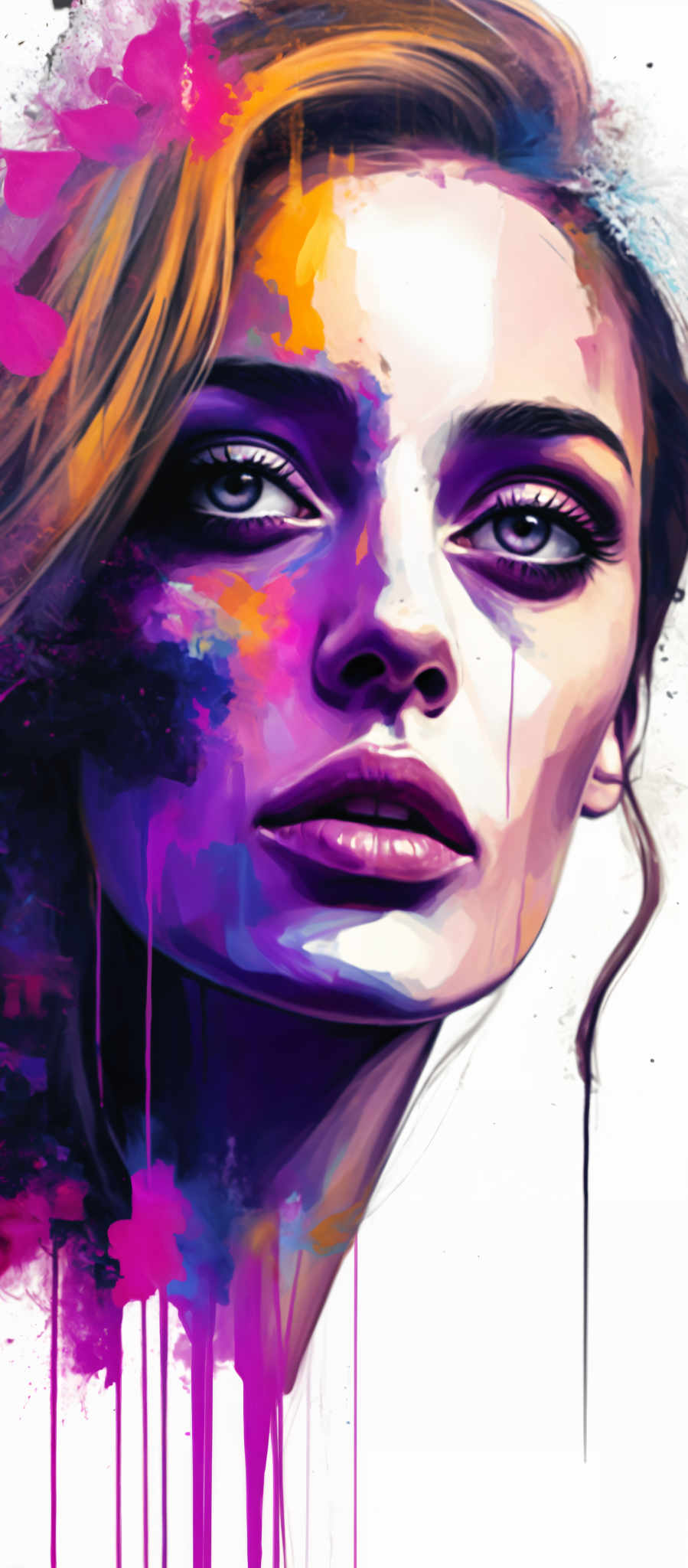 A woman's face is painted with a vibrant mix of purple pink and blue colors. Her eyes are a striking blue and her hair is a bright yellow. The background is a dark purple with splashes of orange and yellow adding depth to the image.

The woman's gaze is directed towards the viewer creating a sense of connection. Her expression is serious adding an element of intrigue to the overall composition. The colors used in the painting are bold and vibrant making the image visually striking.

The painting is a beautiful representation of the woman's personality with the use of color and light creating a captivating image. It's a testament to the artist's skill and creativity capturing the essence of the subject in a unique and visually appealing way.