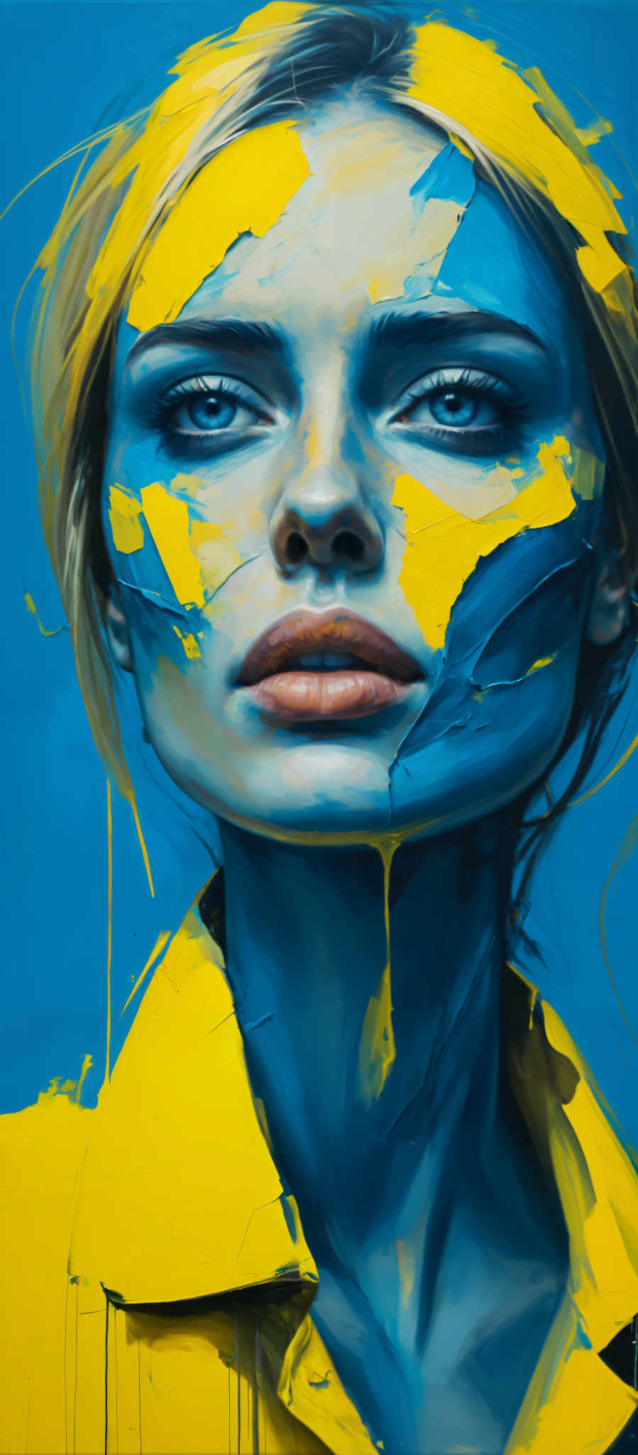 A woman with blue and yellow paint on her face.