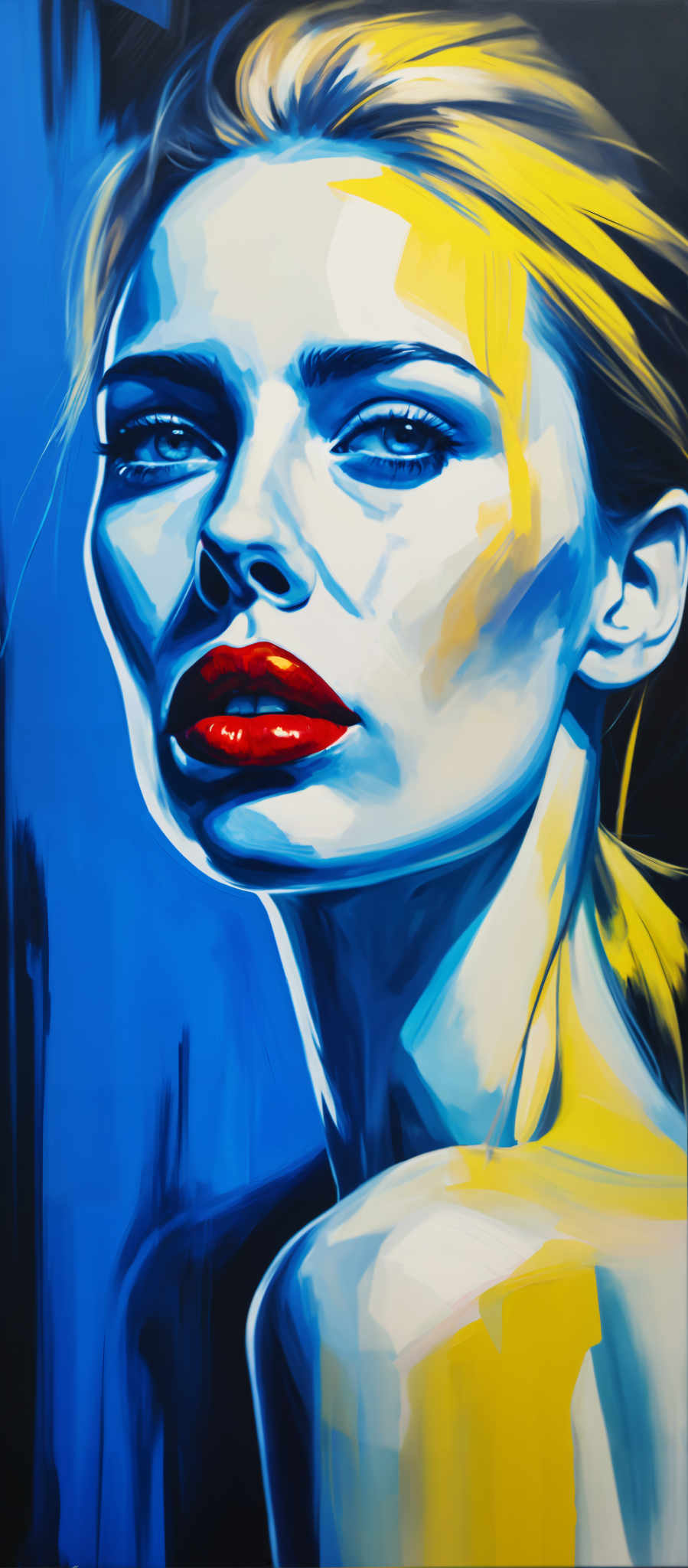 A woman with blue eyes and red lipstick is shown in a portrait.