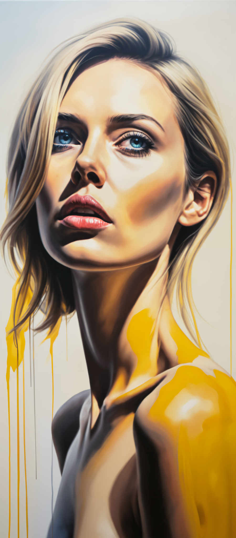 A woman with blonde hair is shown in a close-up portrait. Her hair is styled in loose waves cascading down her shoulders. She is wearing a yellow lipstick that stands out against her skin. The background is a light beige color adorned with splashes of yellow paint that add a vibrant touch to the overall composition. The woman's gaze is directed towards the left side of the frame giving the impression of a thoughtful or contemplative expression. The image is a realistic representation of a woman with a focus on her face and upper body. The use of color and light adds depth and dimension to the image making it a captivating piece of art.