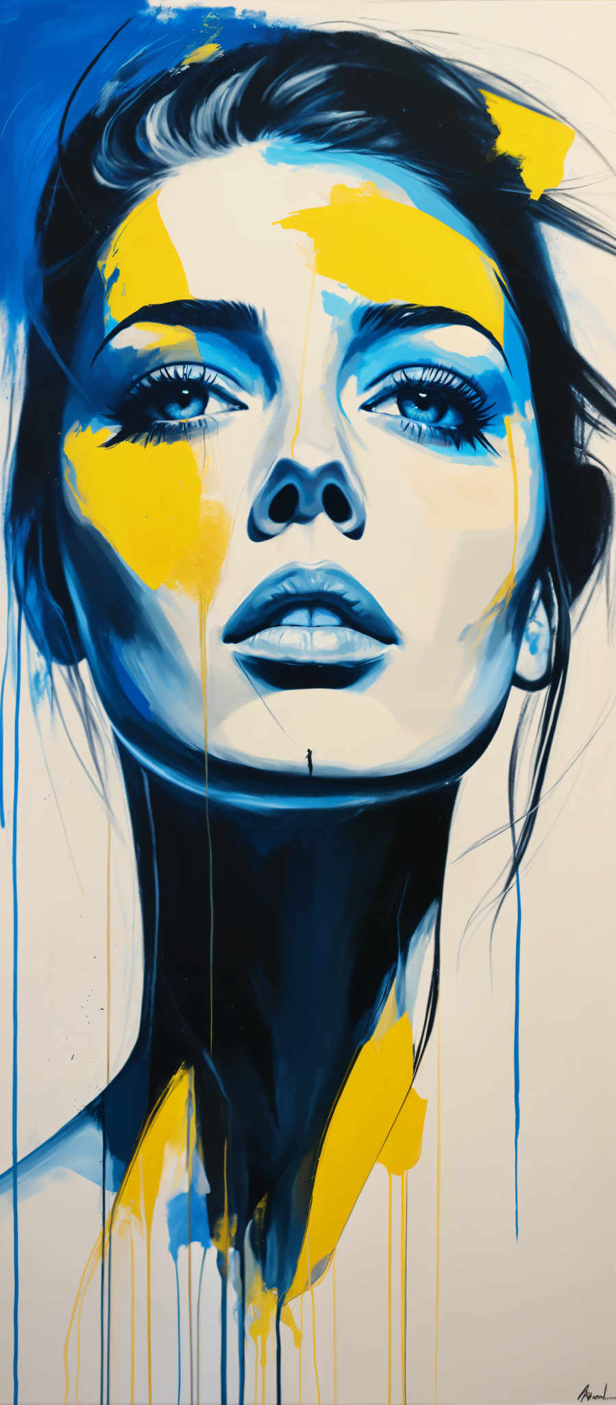 A woman's face is painted with blue and yellow colors.