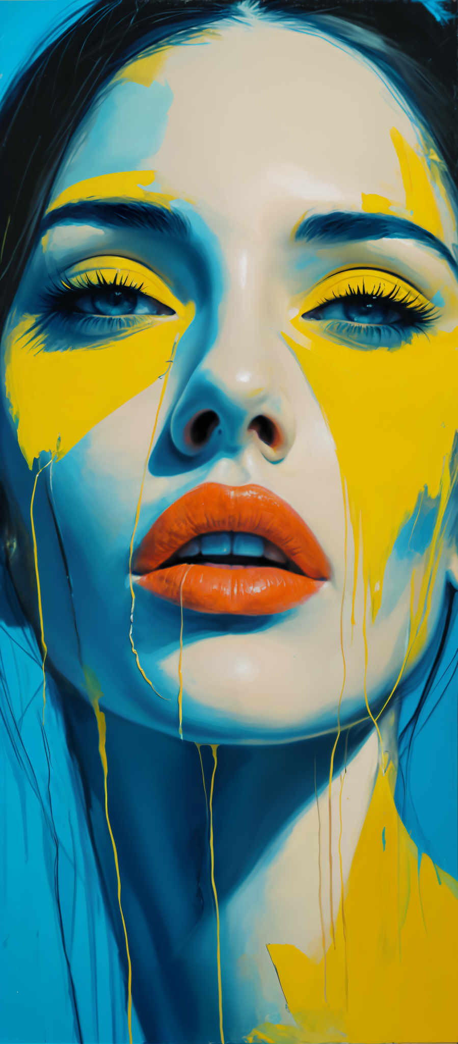 A woman with blue eyes and red lips is shown. Her face is painted with yellow paint dripping down her cheeks.