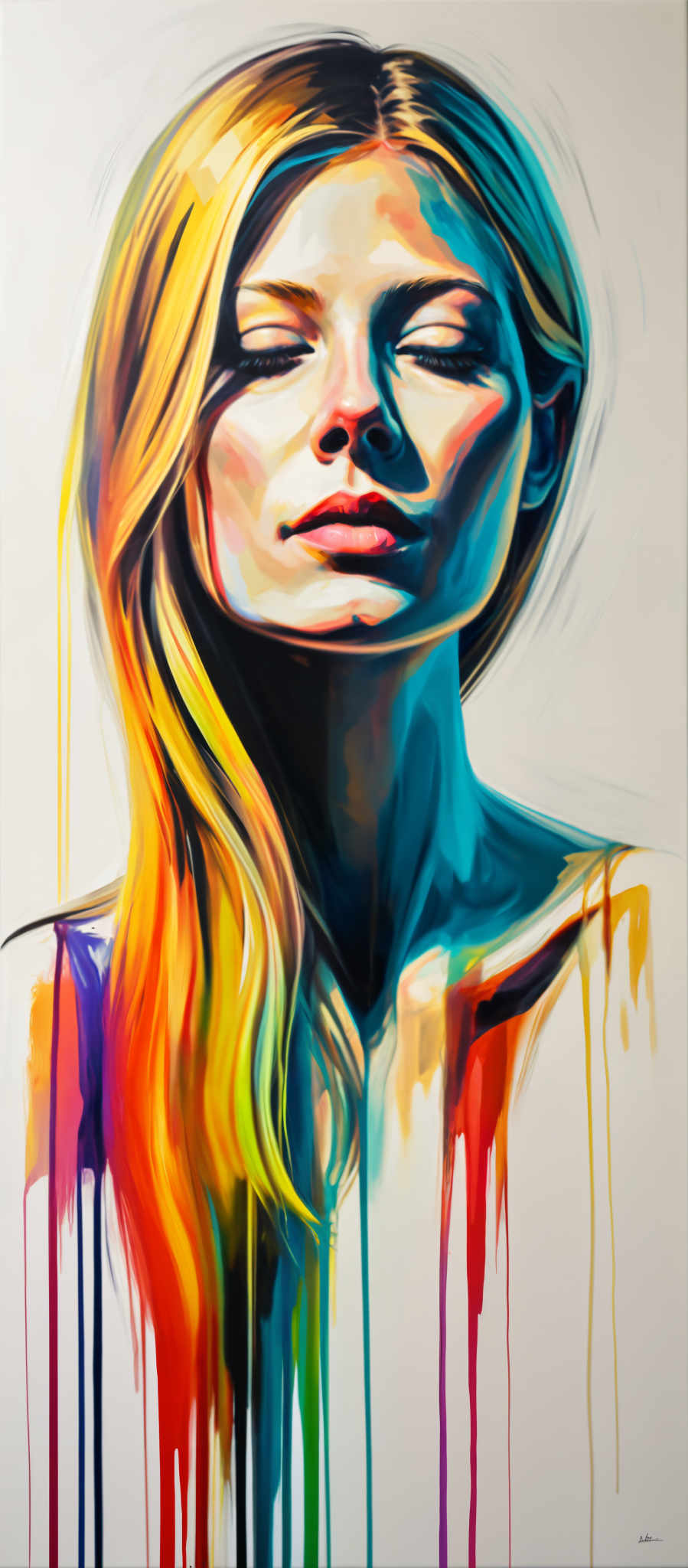 A woman with long blonde hair is shown in a portrait. The background is a vibrant mix of colors including blue yellow and orange. The woman's face is the focal point of the painting with her gaze directed towards the viewer. The painting is done in a modern abstract style with bold brushstrokes and a focus on color and form. The overall effect is a striking and dynamic piece of art.