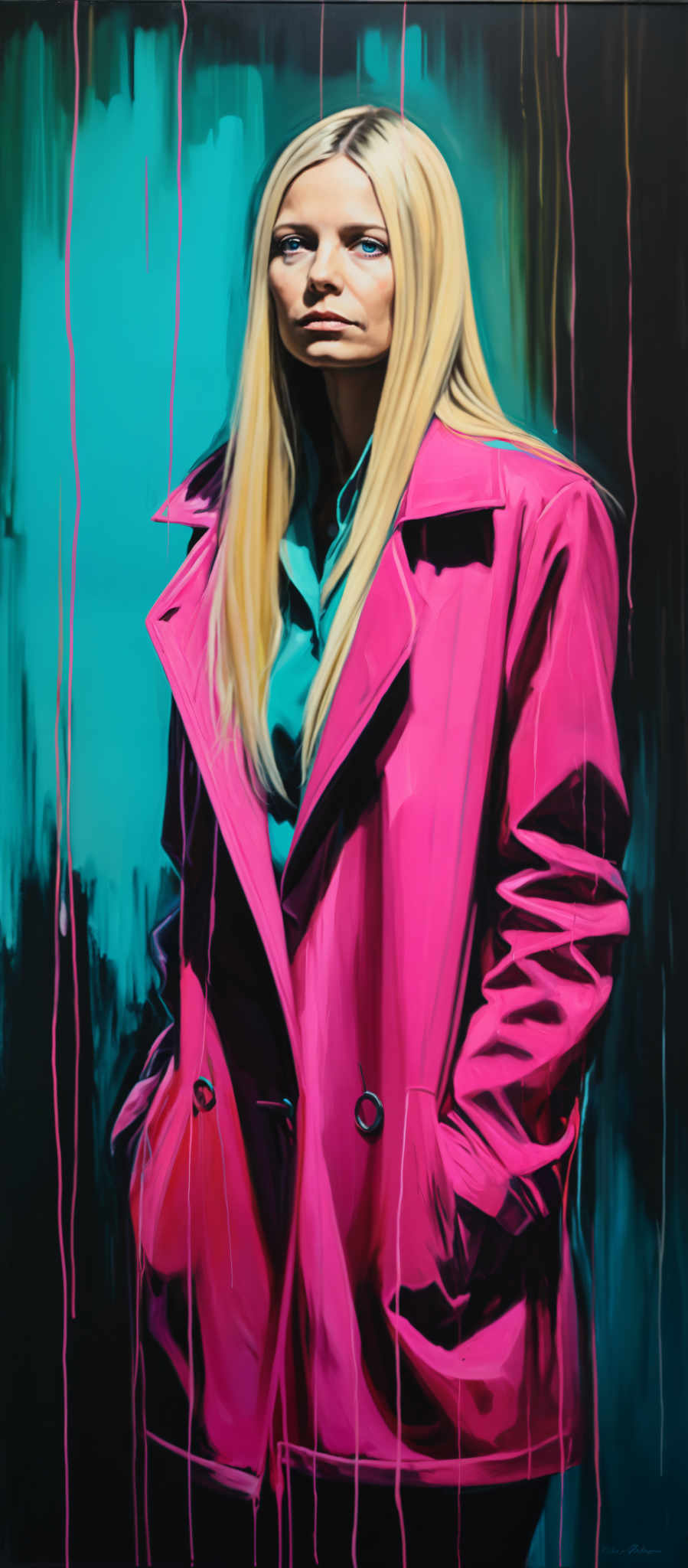 A woman with blonde hair is wearing a pink coat.