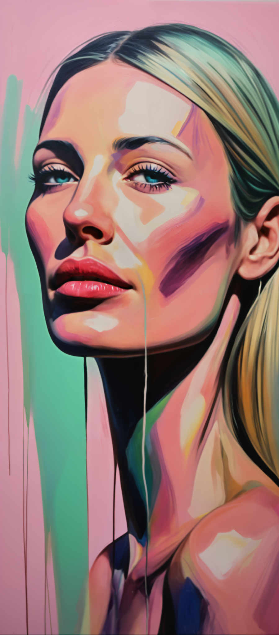 A woman with blonde hair is shown in a close-up portrait. Her hair is styled in loose waves cascading down her shoulders. She is wearing a pink lipstick that stands out against her fair complexion. The background is a vibrant mix of green and pink hues providing a stark contrast to the woman's features. The image is rendered in a digital style with bold brushstrokes that add depth and texture to the scene. The woman's gaze is directed towards the viewer creating a sense of connection and intimacy. Despite the abstract nature of the painting the woman is clearly the focal point drawing the viewer's attention with her expressive eyes and the striking colors of her hair and lipstick. The overall composition of the piece suggests a sense movement and energy with the woman appearing to be caught in a moment of emotion or thought. The painting is a testament to the artist's skill and creativity capturing a single powerful moment in a visually striking way.