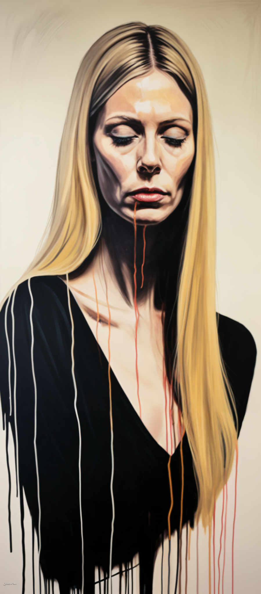 A woman with blonde hair is shown in a close-up portrait. She is wearing a black dress and has red paint dripping down her face. The background is a light beige color.