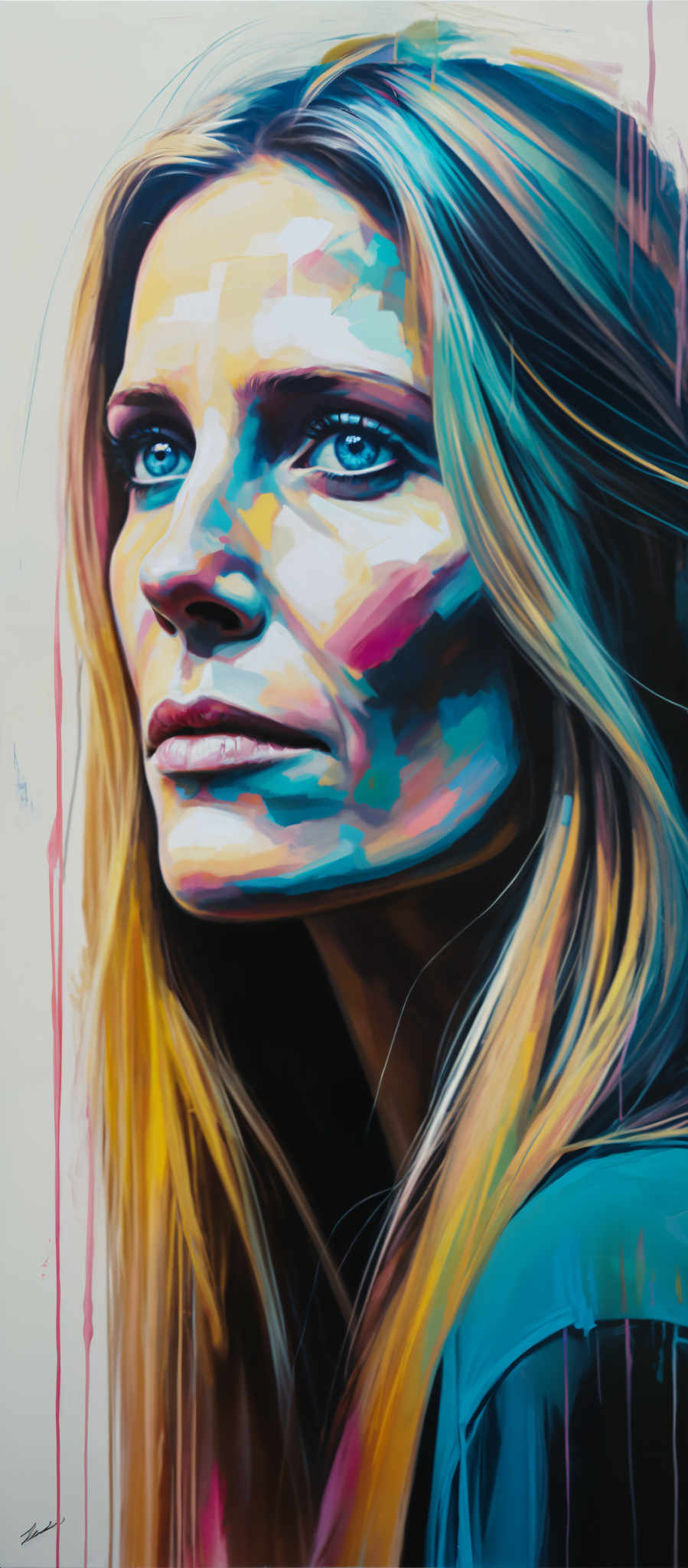 A woman with long blonde hair is shown in a portrait. The woman's hair is long and blonde and she is wearing a blue shirt. The background of the portrait is a mix of pink and blue colors. The portrait is done in a modern art style.