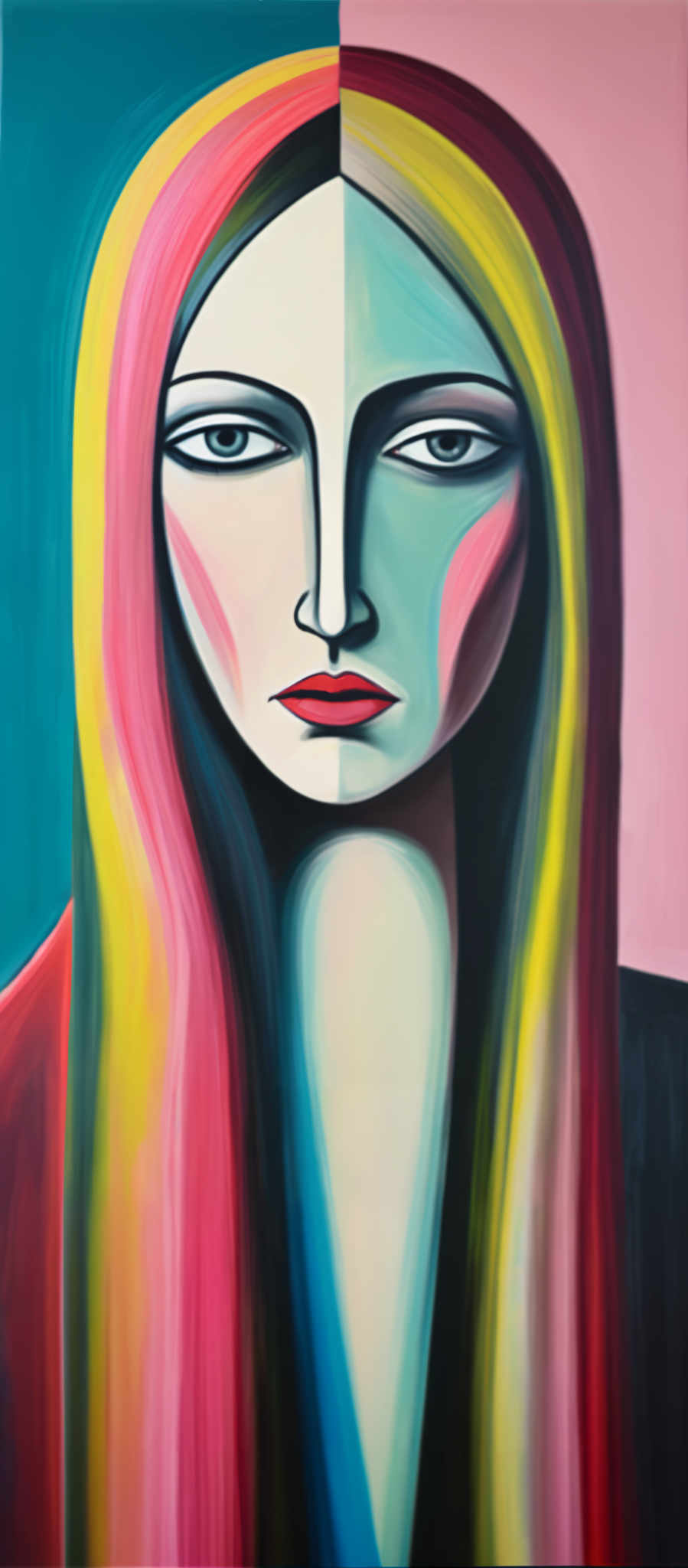 A woman with long colorful hair and a red lipstick.