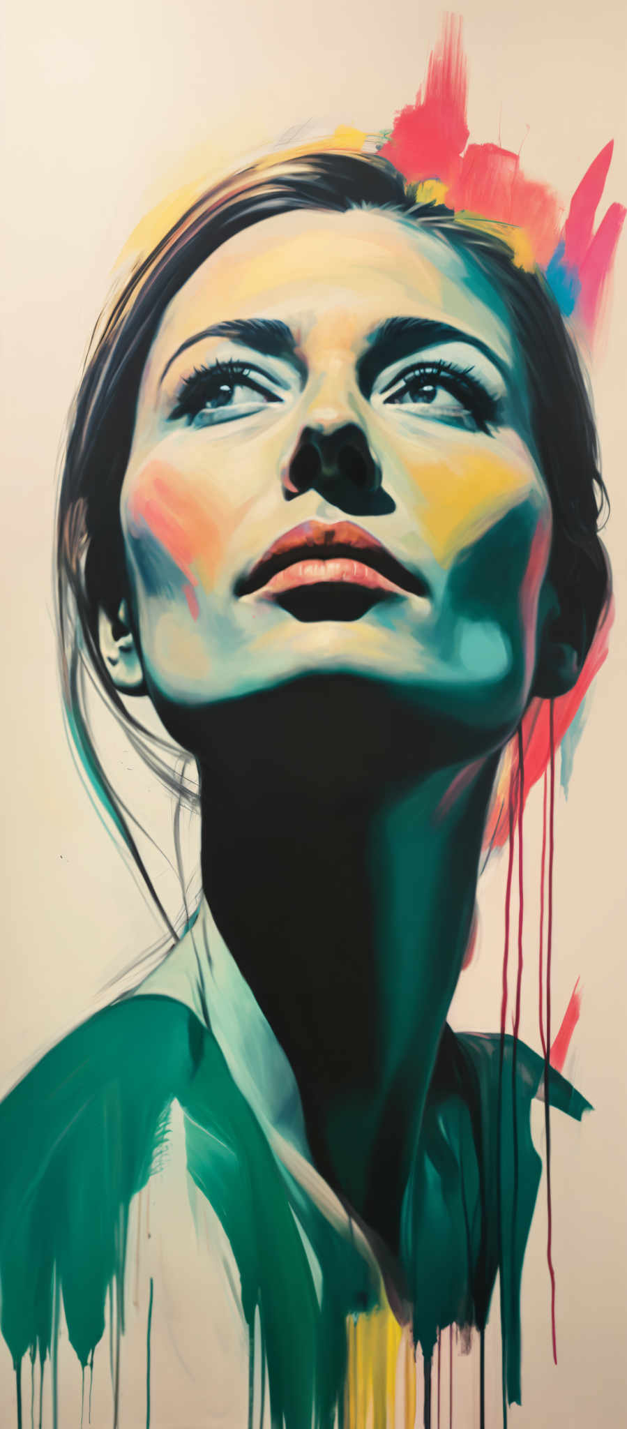 A woman's face is painted with a variety of colors including blue green yellow and red. The colors are applied in a loose abstract style giving the image a vibrant and dynamic feel. The woman's gaze is directed upwards and to the left suggesting a sense of curiosity or wonder. The background is a stark white which contrasts with the colorful depiction of the woman and helps to draw attention to her face. The overall composition of the painting is balanced and harmonious with the colors and shapes working together to create a visually striking image.