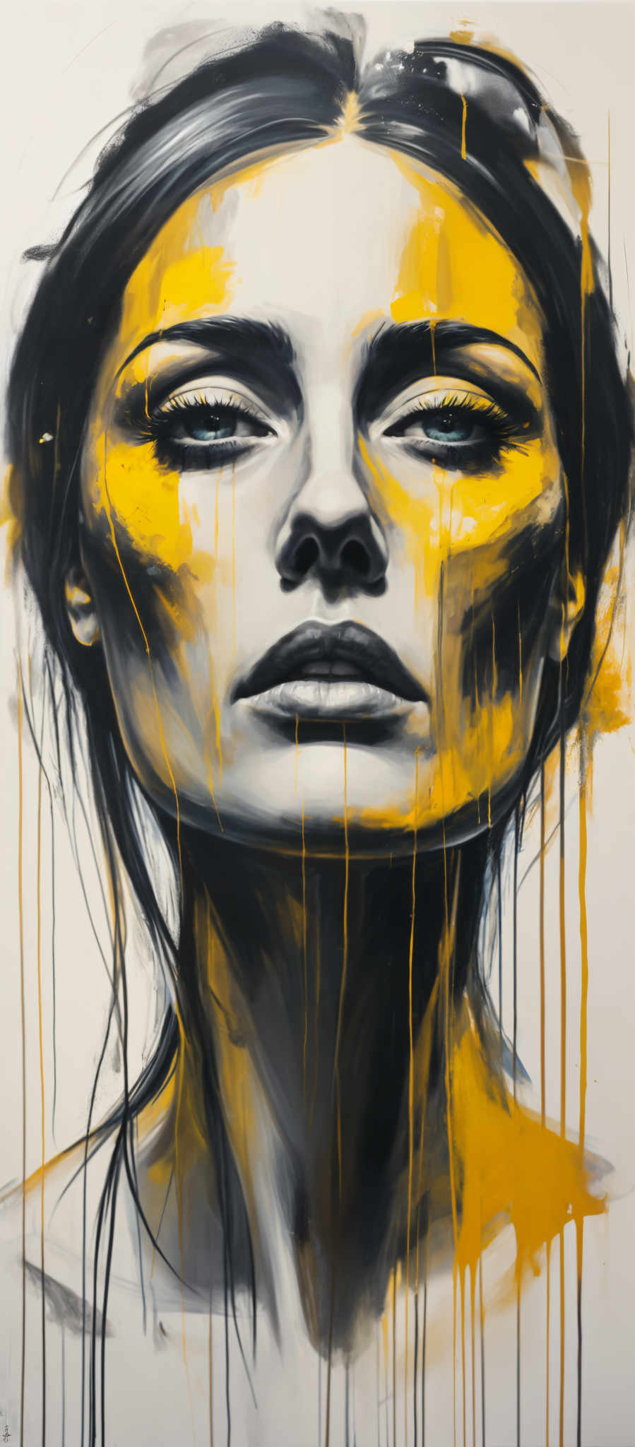 A woman's face is painted with yellow and black colors. Her eyes are blue and her hair is black. The background is white with black drips.