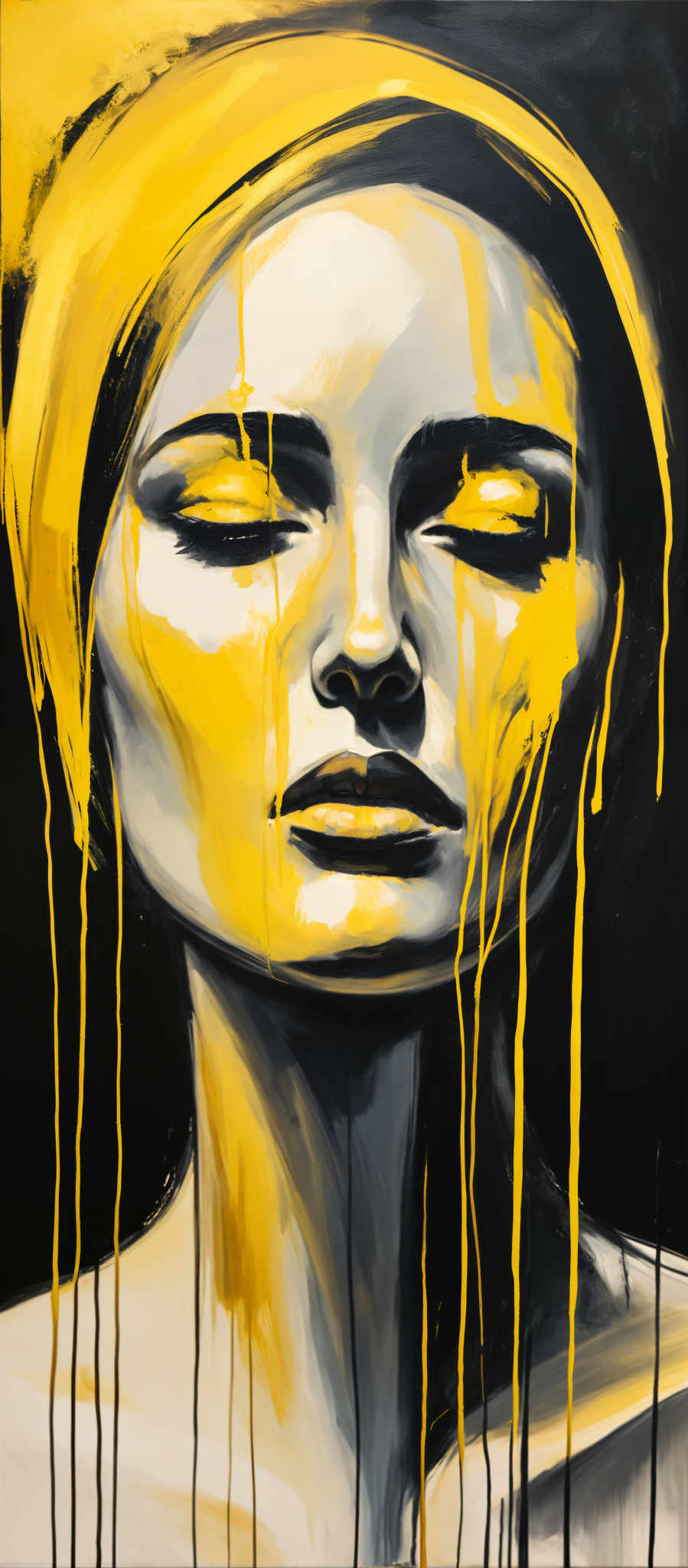 A woman's face is painted in yellow and black. Her eyes are closed and her mouth is slightly open. The background is black and the woman's hair is also painted yellow. The image is a close-up of her face.