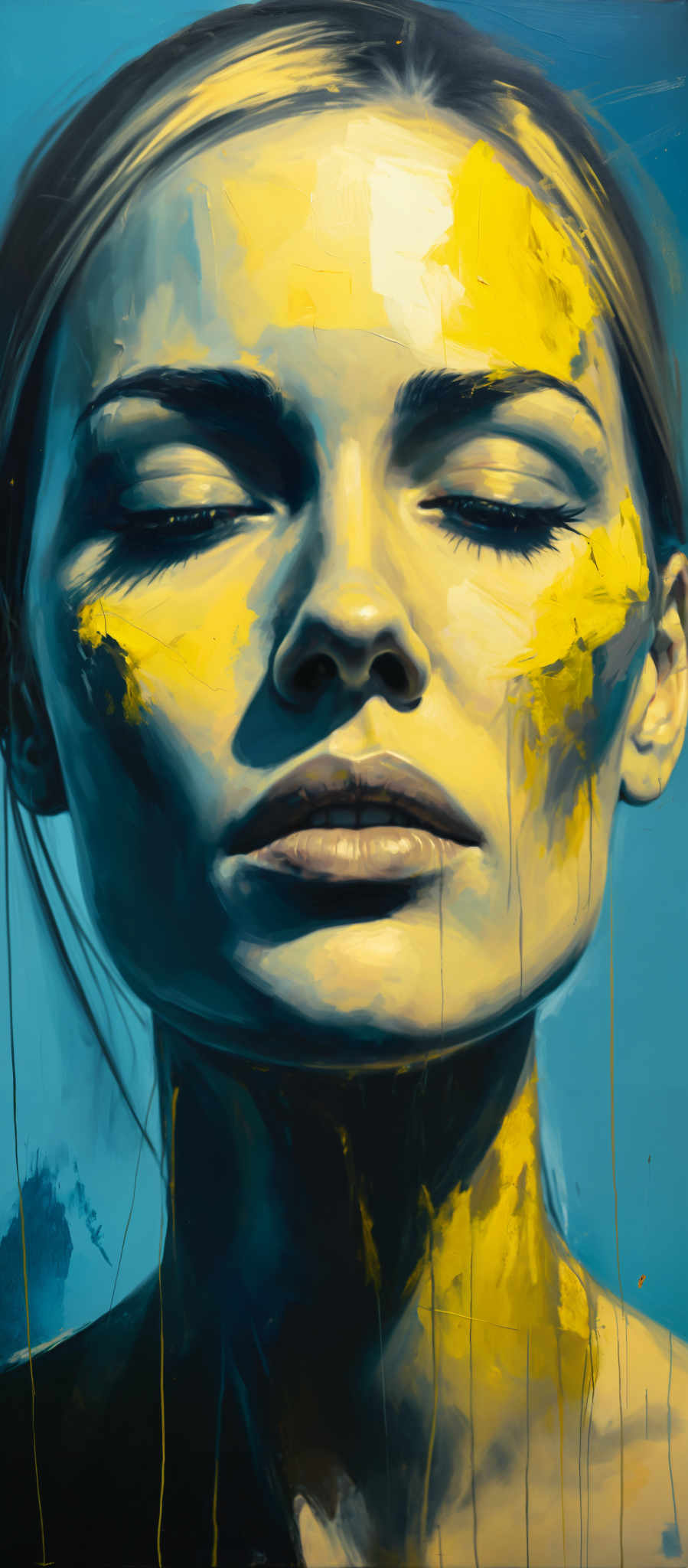 A woman with yellow paint on her face and hair.