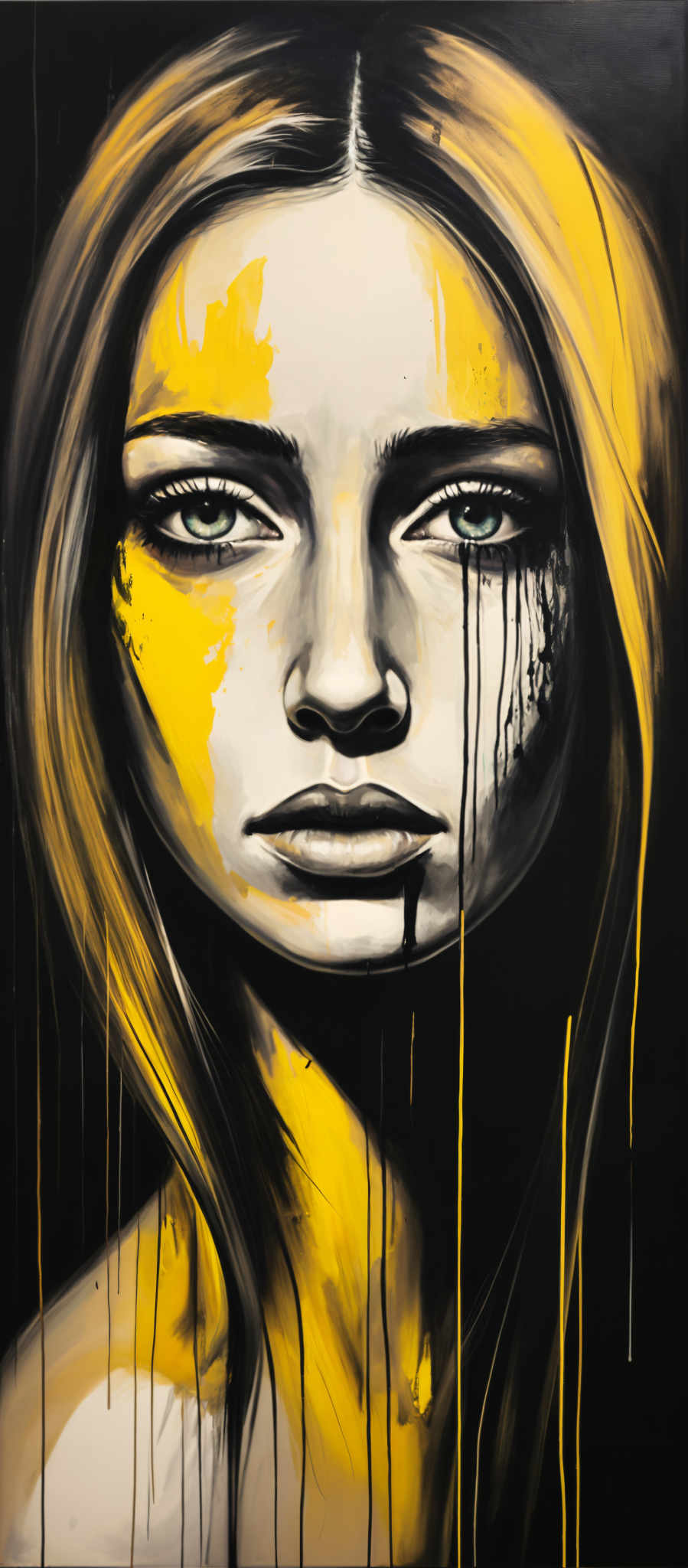 A woman with long blonde hair and blue eyes is shown. Her face is painted with black and yellow paint giving her a dramatic appearance. The background is black with yellow lines and splatters adding depth to the image.

The woman's hair is long and blonde cascading down her shoulders. Her eyes are a striking blue drawing the viewer's attention. The paint on her face is black and white with splatters of yellow adding a touch of vibrancy. The black background contrasts with the yellow lines making the woman stand out in the image.
The image is a striking representation of a woman with the use of bold colors and dramatic paint creating a captivating visual. The use of black and blue in the background along with the white and yellow on the woman's face creates a striking contrast that draws the viewer in. The image is well-composed with each element carefully placed to create a balanced and visually appealing scene.