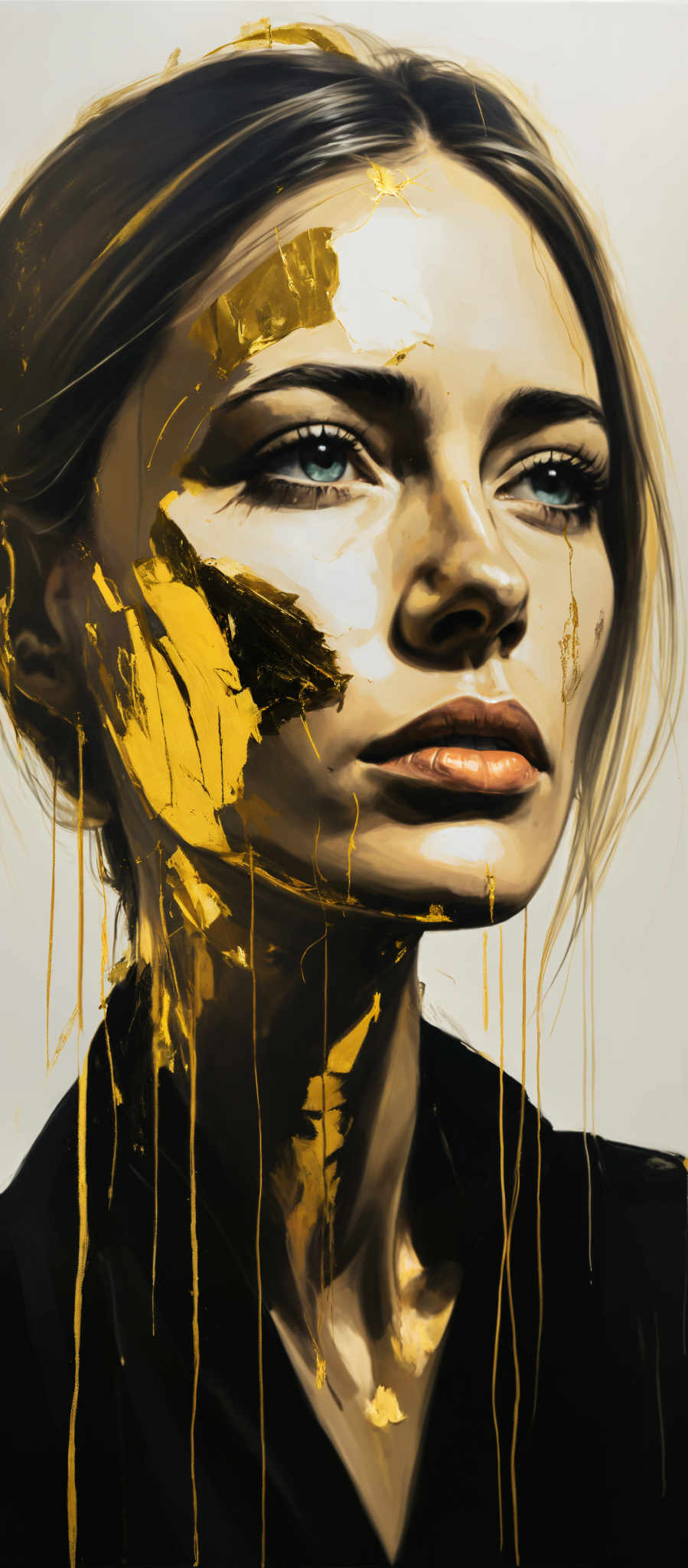 A woman with blonde hair and blue eyes is shown in a close up portrait. Her face is adorned with gold paint which drips down her cheeks and chin creating a striking contrast against her skin. The background is a light beige color providing a neutral backdrop that allows the woman and her golden paint to stand out. The image is a digital painting and the artist has skillfully used color and light to bring the woman to life. The overall effect is a captivating and beautiful portrait.