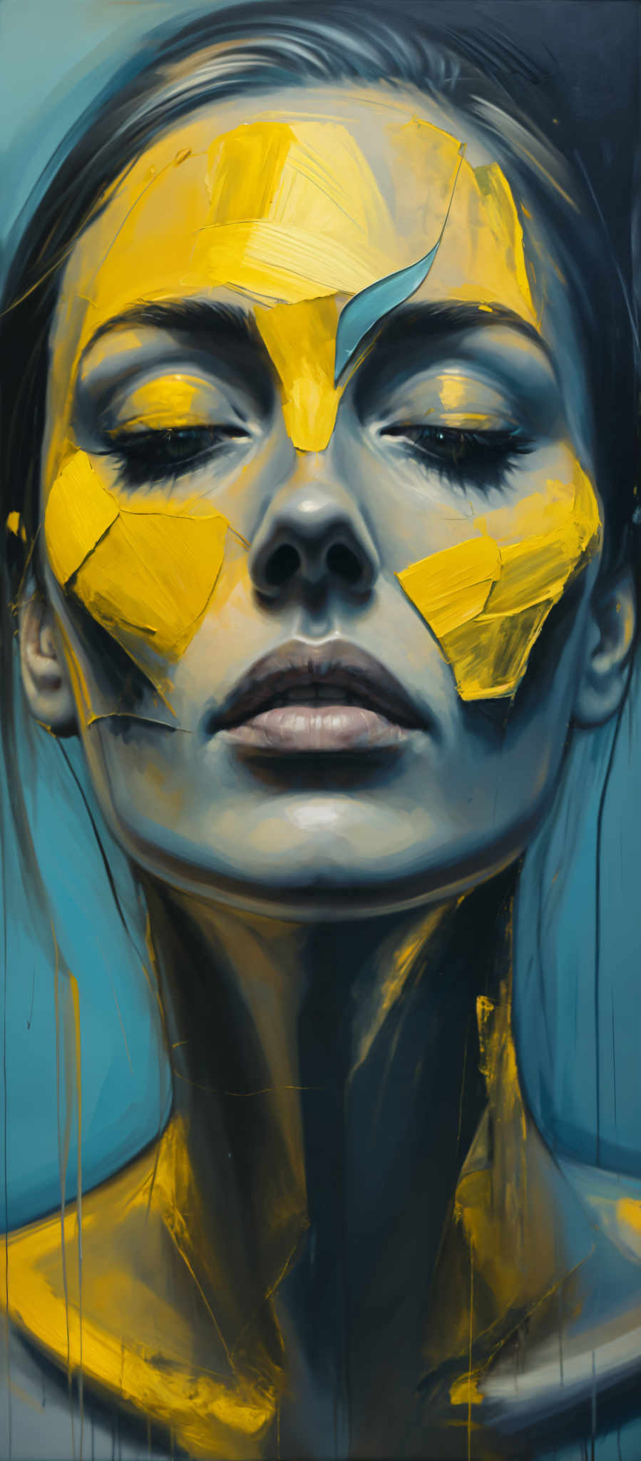 A woman's face is painted with yellow and blue paint. The paint is applied in a way that it appears to be melting creating a surreal and dreamlike effect. The woman's eyes are closed suggesting a state of relaxation or perhaps even sleep. The background is a solid blue color which contrasts with the yellow and white paint on the woman's skin. The overall image has a surreal dreamlike quality to it.