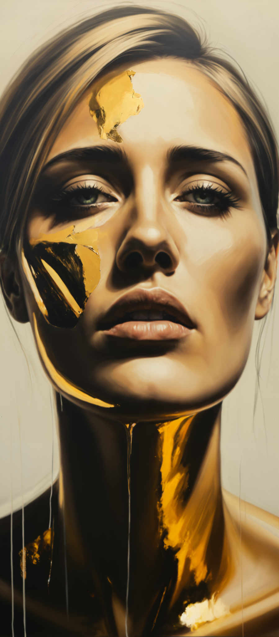 A woman with a gold paint on her face.