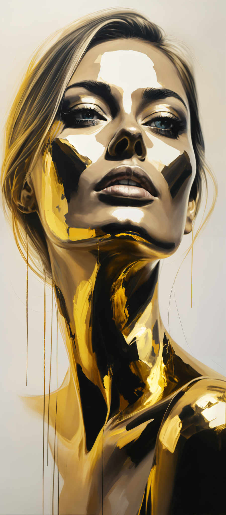 A woman's face is shown in a close-up view. The woman's skin is painted in a gold color giving her a radiant appearance. Her hair which is blonde is styled in loose waves that cascade down her shoulders. The background is a stark white which contrasts with the gold of her skin and hair making her the focal point of the artwork. The painting is done in an expressionist style characterized by bold colors and lines. The overall composition of the painting is balanced with the woman's head and shoulders centrally located. The use of color and light in the painting creates a sense of depth and dimension adding to the realism of the piece. The artist has skillfully used color and form to bring the woman to life creating a captivating and dynamic image.