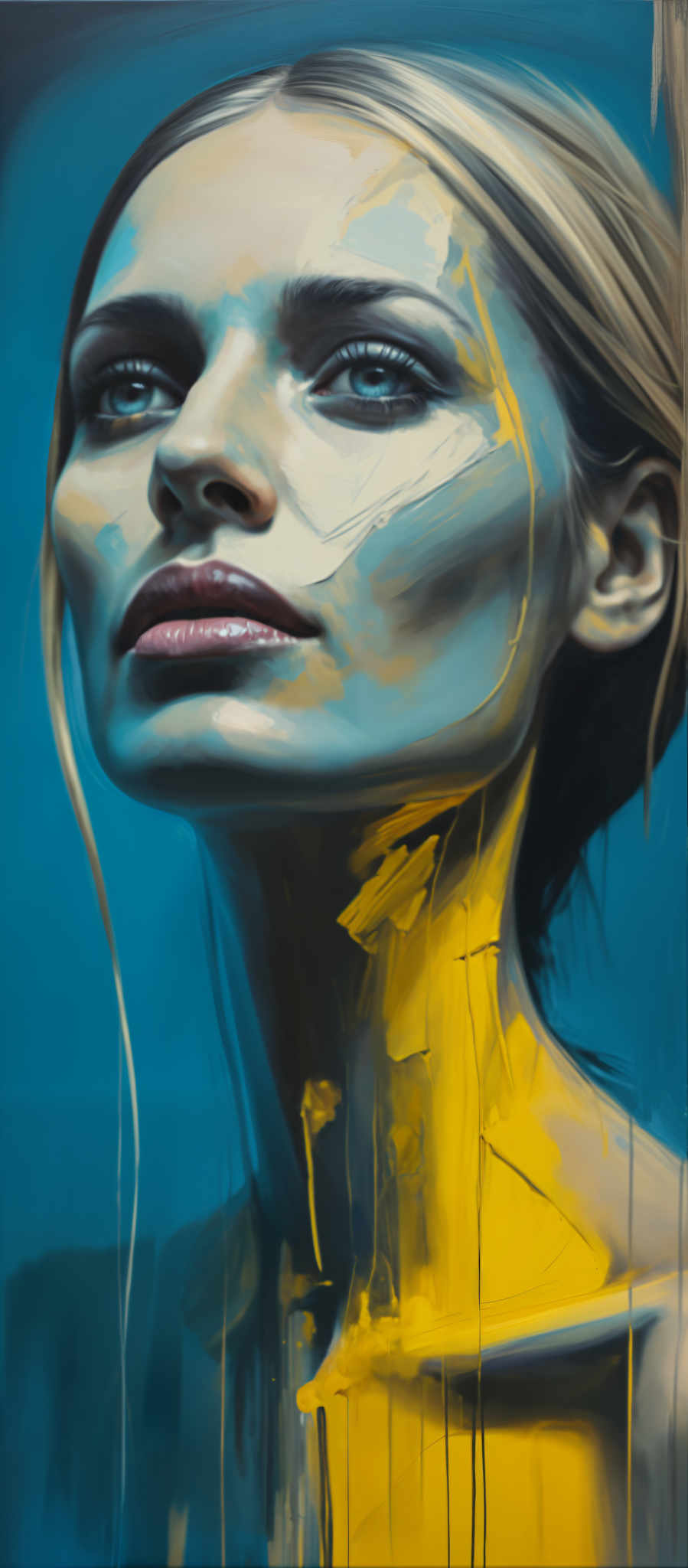 A woman's face is painted with blue and yellow colors.