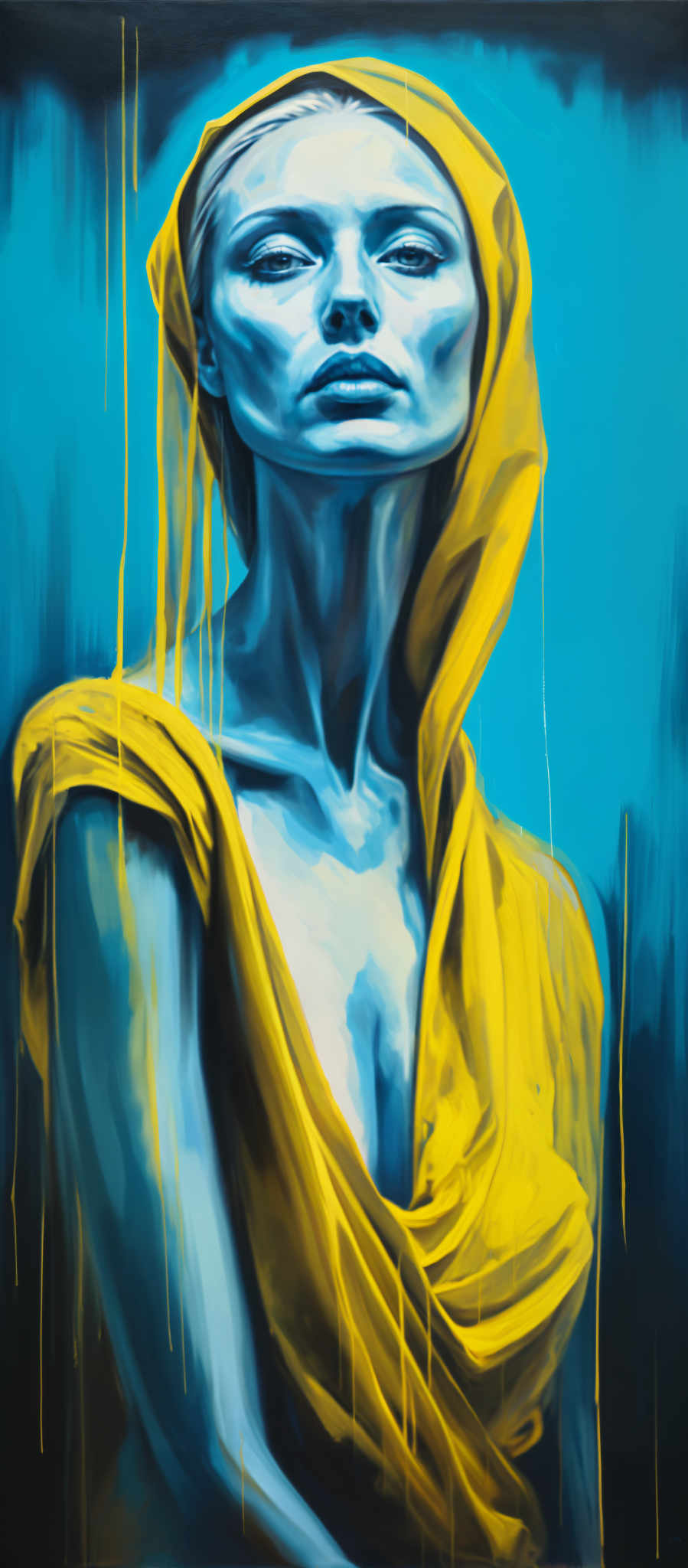 A blue and yellow painting of a woman.