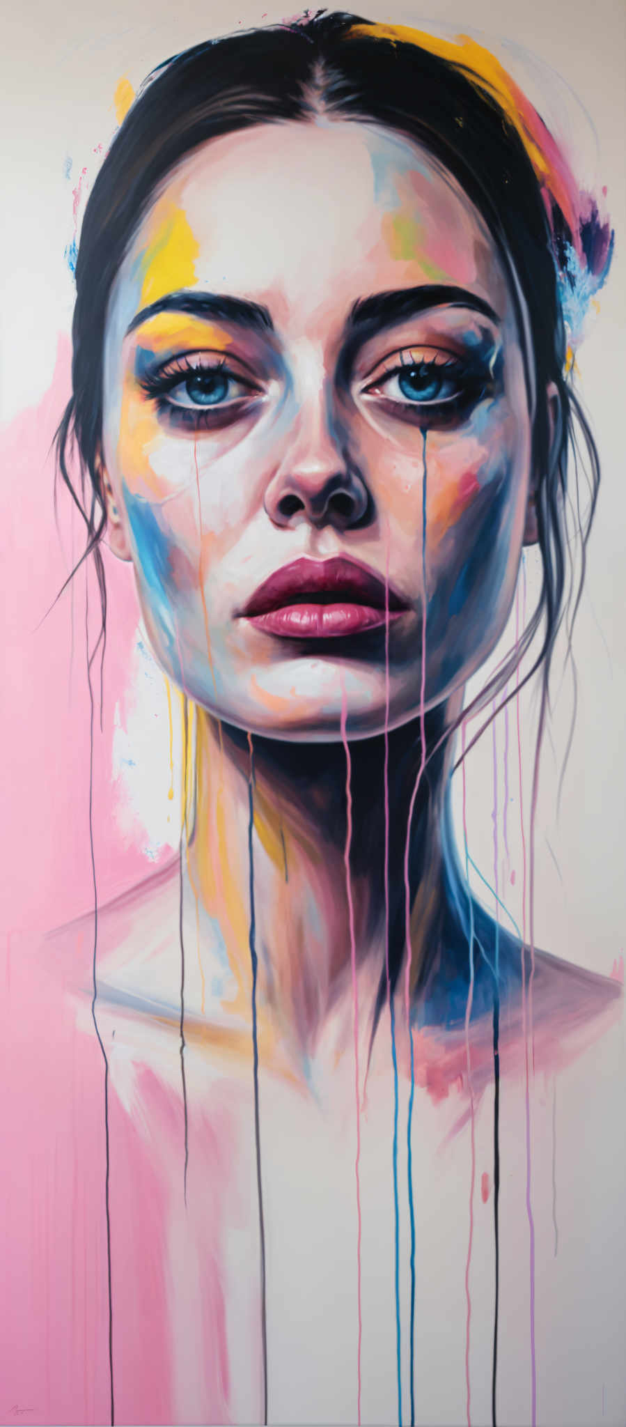 A woman's face is painted with a mix of blue pink and yellow colors. Her eyes are closed and her mouth is open giving her a pensive expression. The colors are dripping down her face creating a sense of movement and emotion.