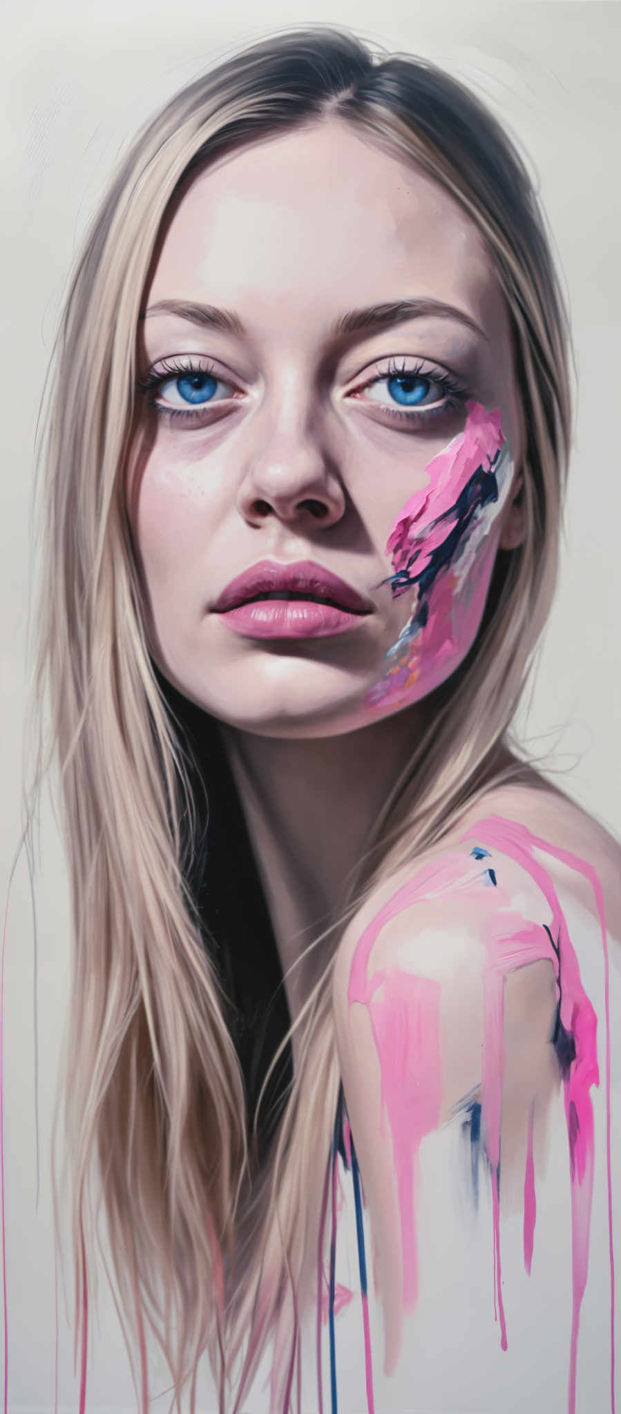 A woman with blonde hair and blue eyes is shown in a close-up portrait. Her face is adorned with a vibrant abstract painting in shades of pink and blue. The painting is located on her cheek and shoulder adding a splash of color to her appearance. The background is a stark white which contrasts with the colorful painting and brings it into focus. The woman's gaze is directed straight at the camera creating a sense of connection with the viewer. The overall composition of the portrait is balanced and harmonious with the painting and the woman's features complementing each other.