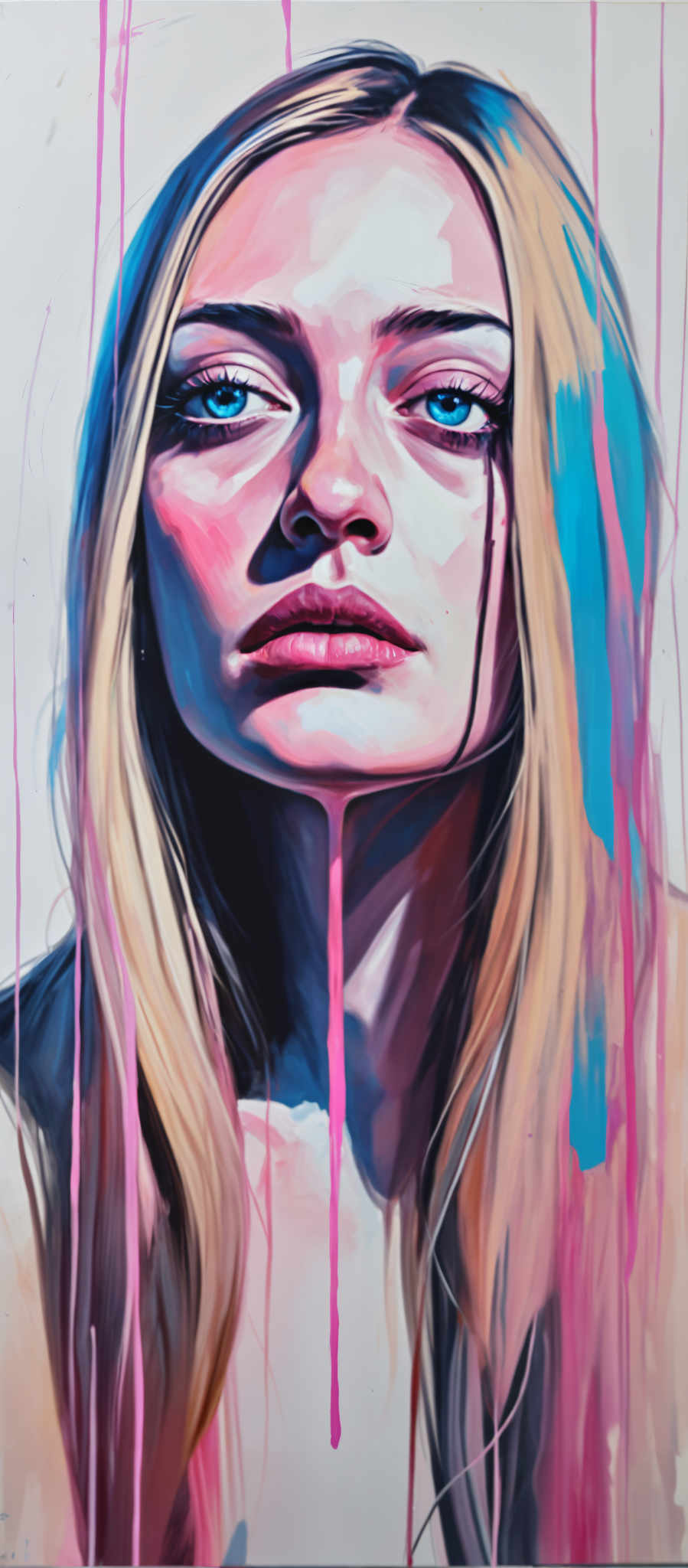 A woman with long blonde hair is shown in a close-up portrait. Her hair cascades down her shoulders and she is wearing a black top. The background is a vibrant mix of pink and blue hues creating a dreamy and ethereal atmosphere. The woman's face is the focal point of the painting with her eyes and lips being particularly prominent. The painting is done in a realistic style with a focus on the woman's features and the colors of the background. The overall effect is a captivating and beautiful portrait.