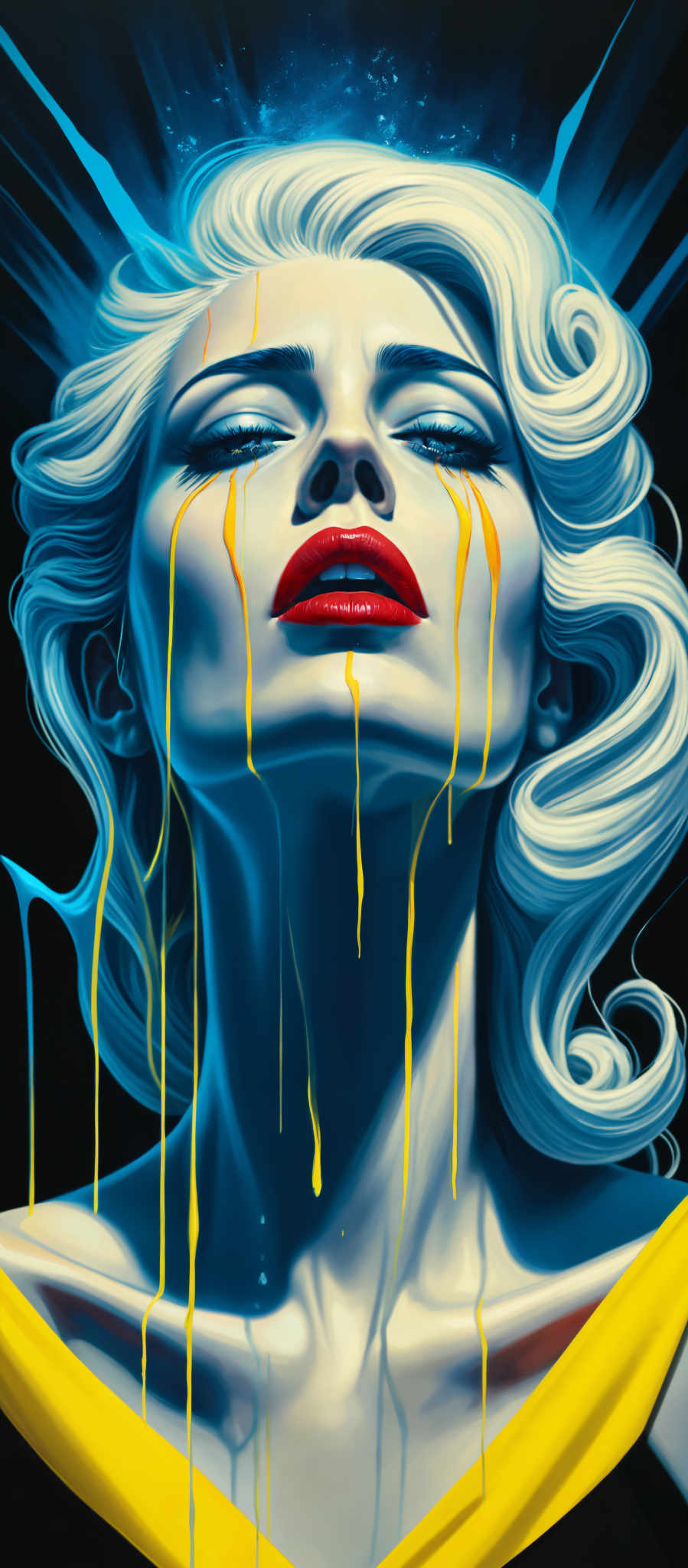 A woman with blue hair and red lipstick is crying.