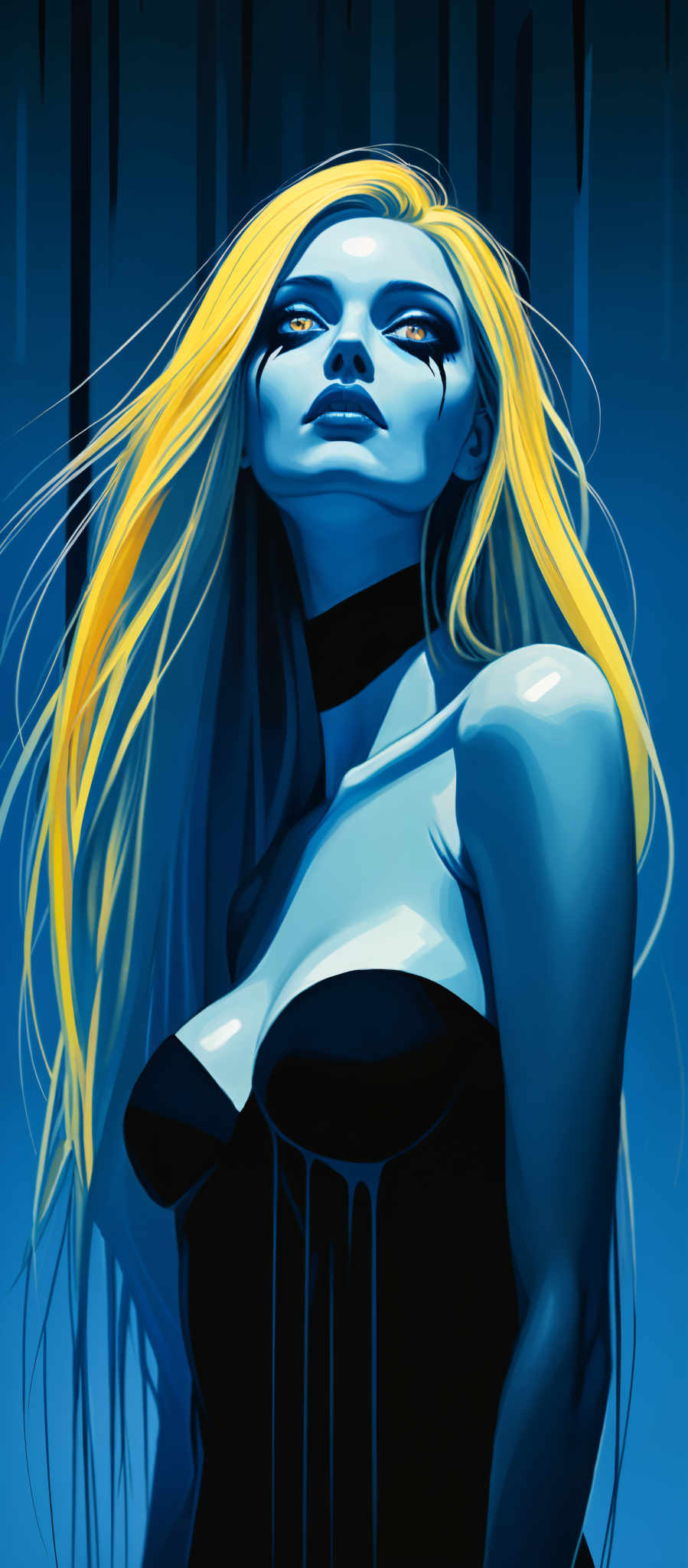 A woman with long blonde hair and a blue dress.