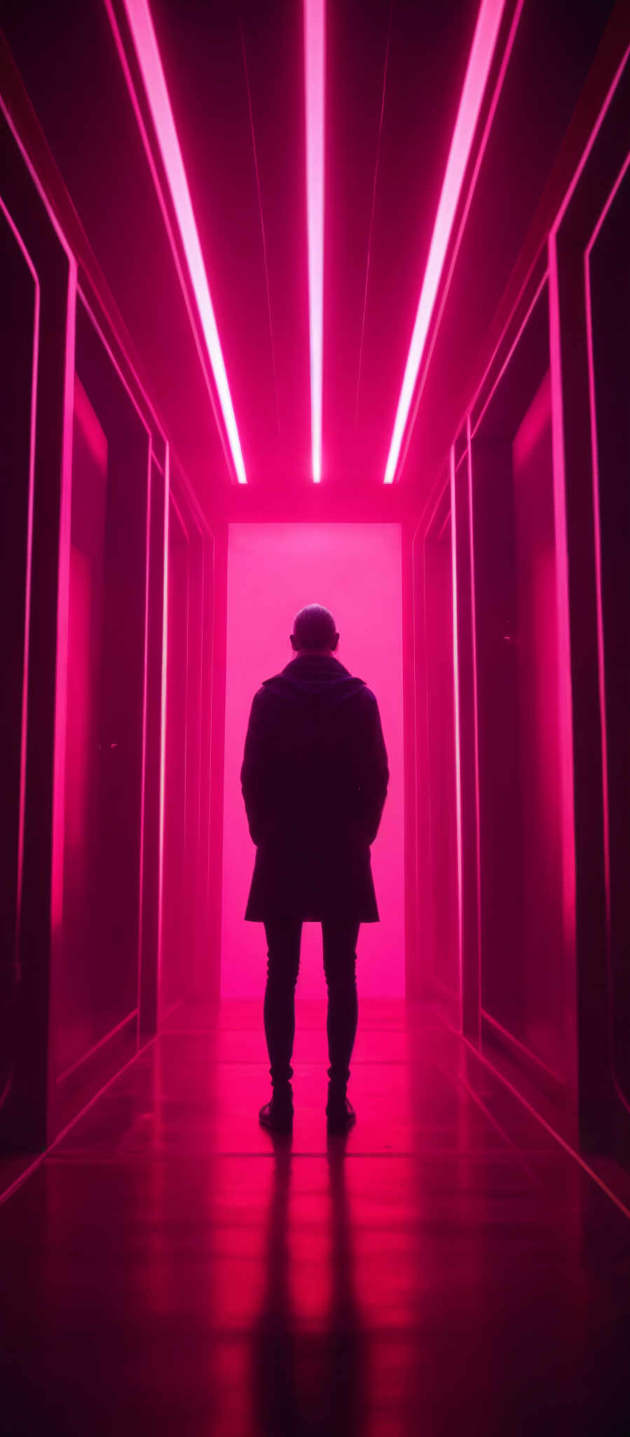 A man stands in a hallway bathed in a pink glow. He is dressed in a black coat and a white shirt his back turned to the camera. The hallway is lined with pink walls and pink pillars creating a surreal atmosphere. The man's position in the hallway suggests he is at the end of the corridor. The image is rich in color and light with the pink hues dominating the scene. The overall mood of the photo is mysterious and intriguing.