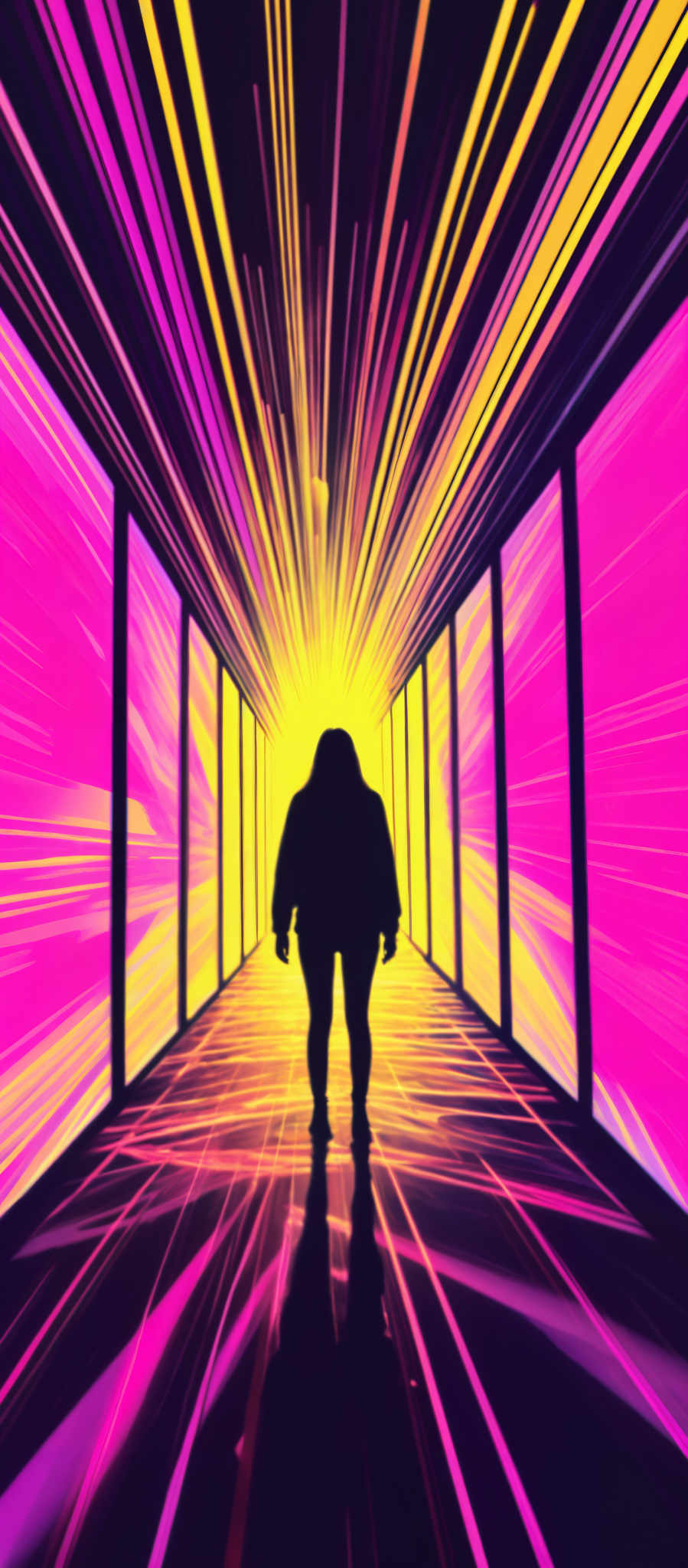 A woman is walking through a tunnel of light.