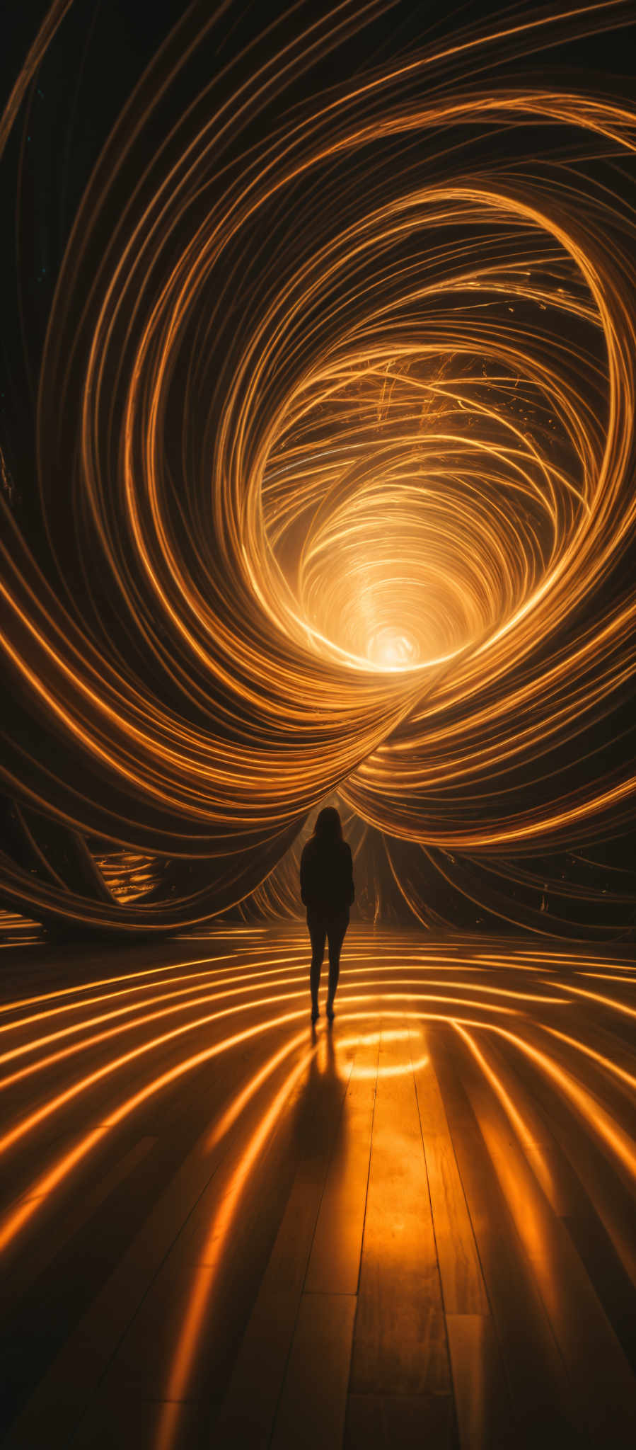 A woman is walking through a tunnel of light. The tunnel is made of long thin orange lines that are illuminated by a bright light at the center. The woman is moving towards the light and the tunnel appears to be made of a material that is glowing with light. There are no other objects or people in the image and no text is visible. The image does not contain any identifiable landmarks or locations. The overall impression is of a serene and peaceful scene.