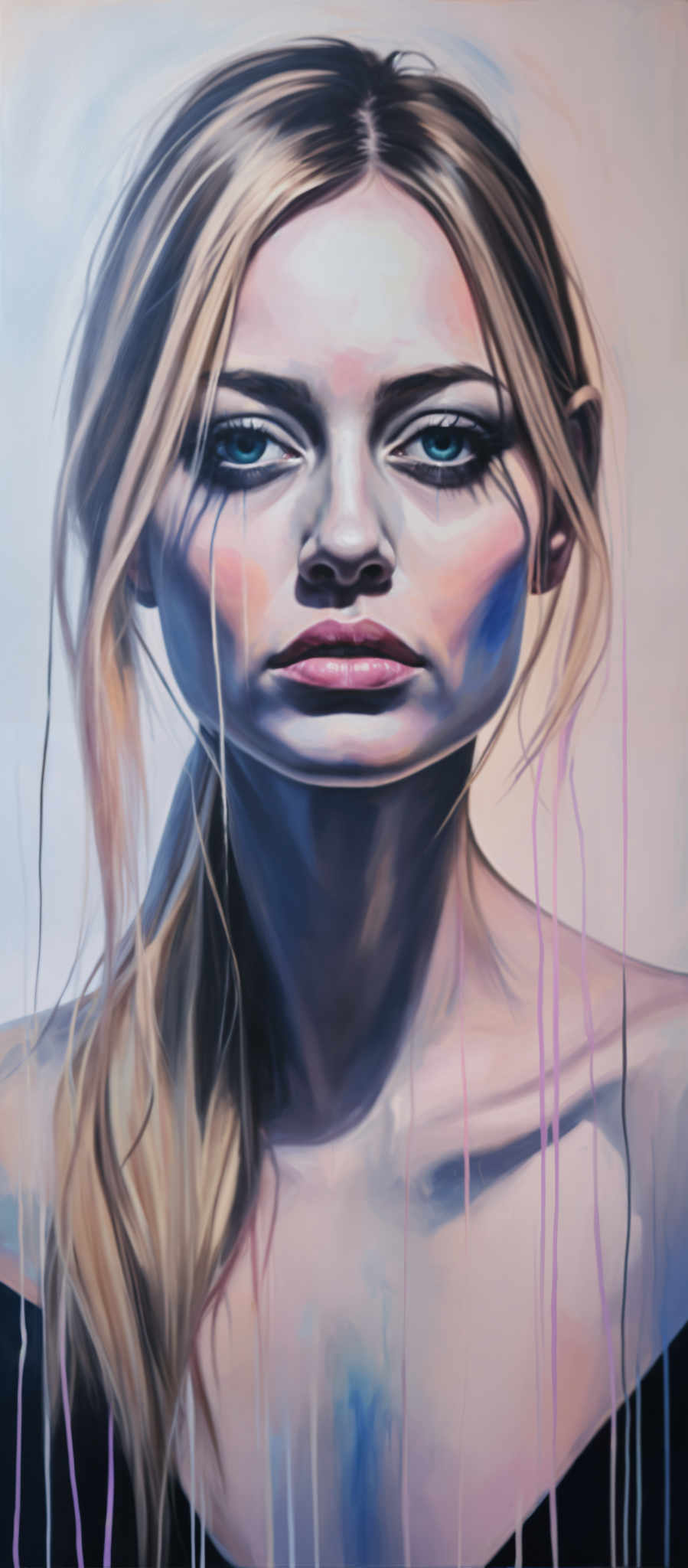 A woman with blonde hair and blue eyes is shown in a close-up portrait. Her hair is styled in loose waves and she is wearing a pink lipstick. The background is a light blue color with purple strands of hair hanging down. The painting is done in a realistic style with a focus on the woman's face and upper body. The colors used are vibrant and the painting is highly detailed. The woman's expression is neutral and her gaze is directed straight at the viewer. The overall composition of the painting suggests a sense of tranquility and introspection.